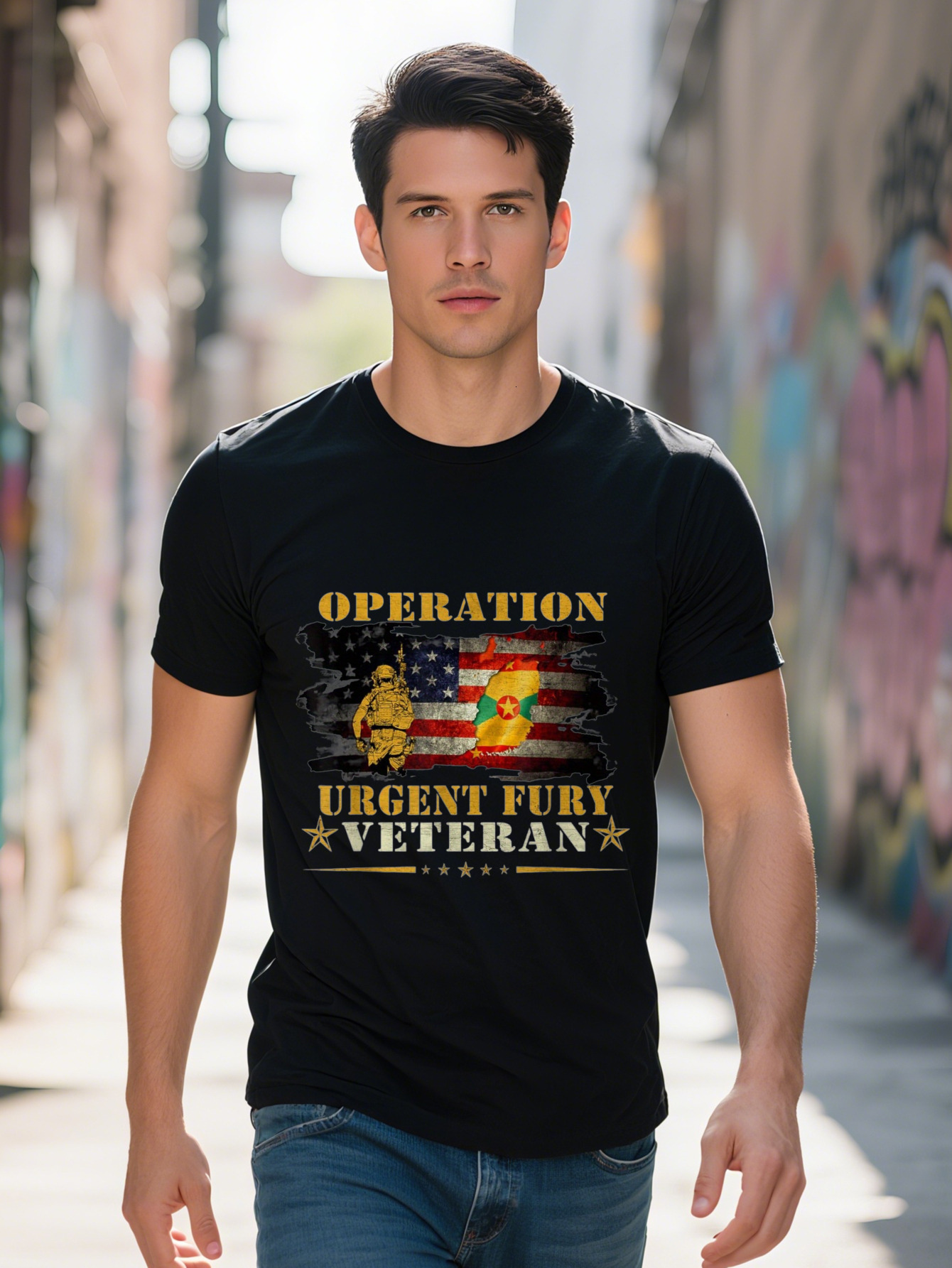 Men s Cotton T Operation Urgent Fury Veteran Graphic Tee Casual Short Sleeve Shirt Black with Stars