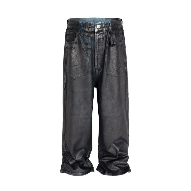 MIJKO Vintage Distressed Wax Coated Washed Baggy Jeans for Men and Women Black Casual Cargo Pants Oversized Ripped Denim Trousers