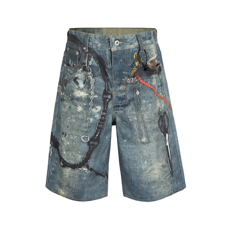 MIJKO 3D Print Patchwork Baggy Jeans Shorts for Men Streetwear New Summer Wide Leg Patchwork Casual Loose Knee Length Pants Oversized