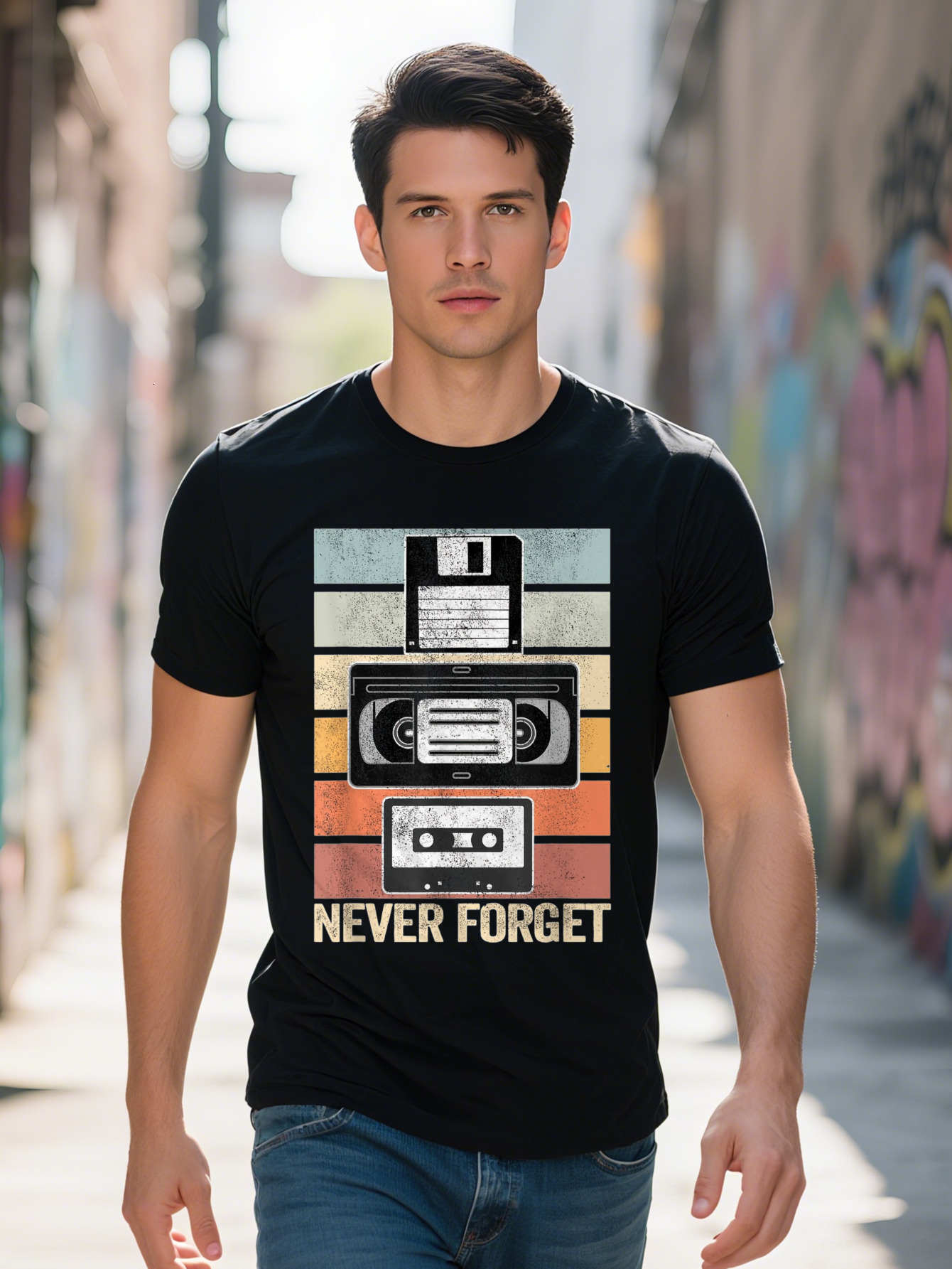 Men g Heavyweight Cotton T Shirt s Retro Cassette VHS Floppy Disk Graphic Tee with Never Forget Design a9faf