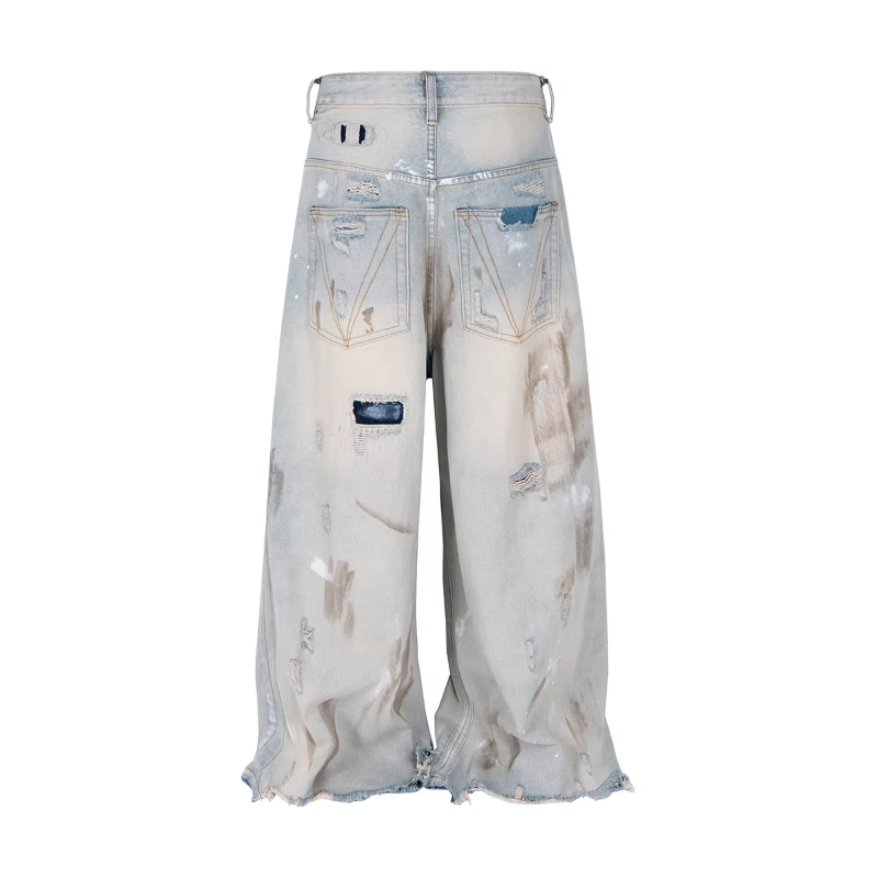MIJKO Distressed Hole Ripped Mud Dyed Silhouette Baggy Jeans for Men Wide Leg Harajuku Loose Denim Trousers Oversized Casual Cargos