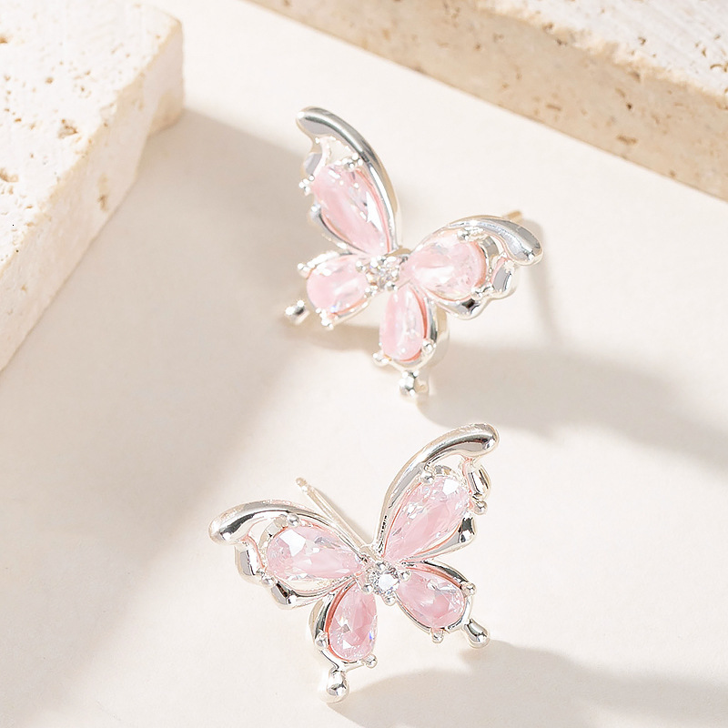 Sier Needle Sweet Versatile Fresh Ice Crystal Zircon Butterfly for Women High-end Light Niche Minimalist Style Earrings