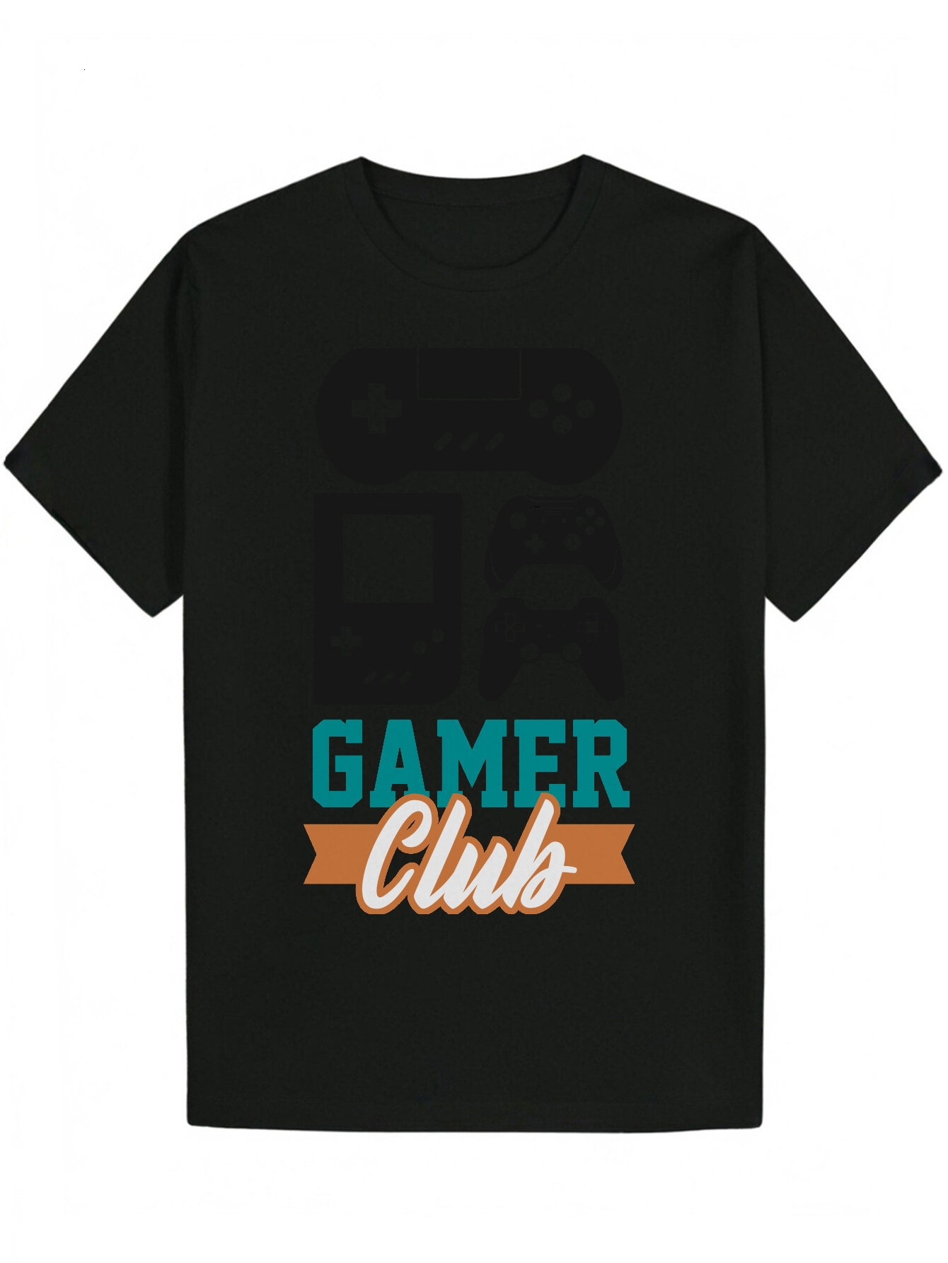 Men's Summer Casual Crew Neck T-Shirt - Gamer Club Pattern Design, Black with Teal and Orange Accents, Lightweight Polyester, Machine Washable, P