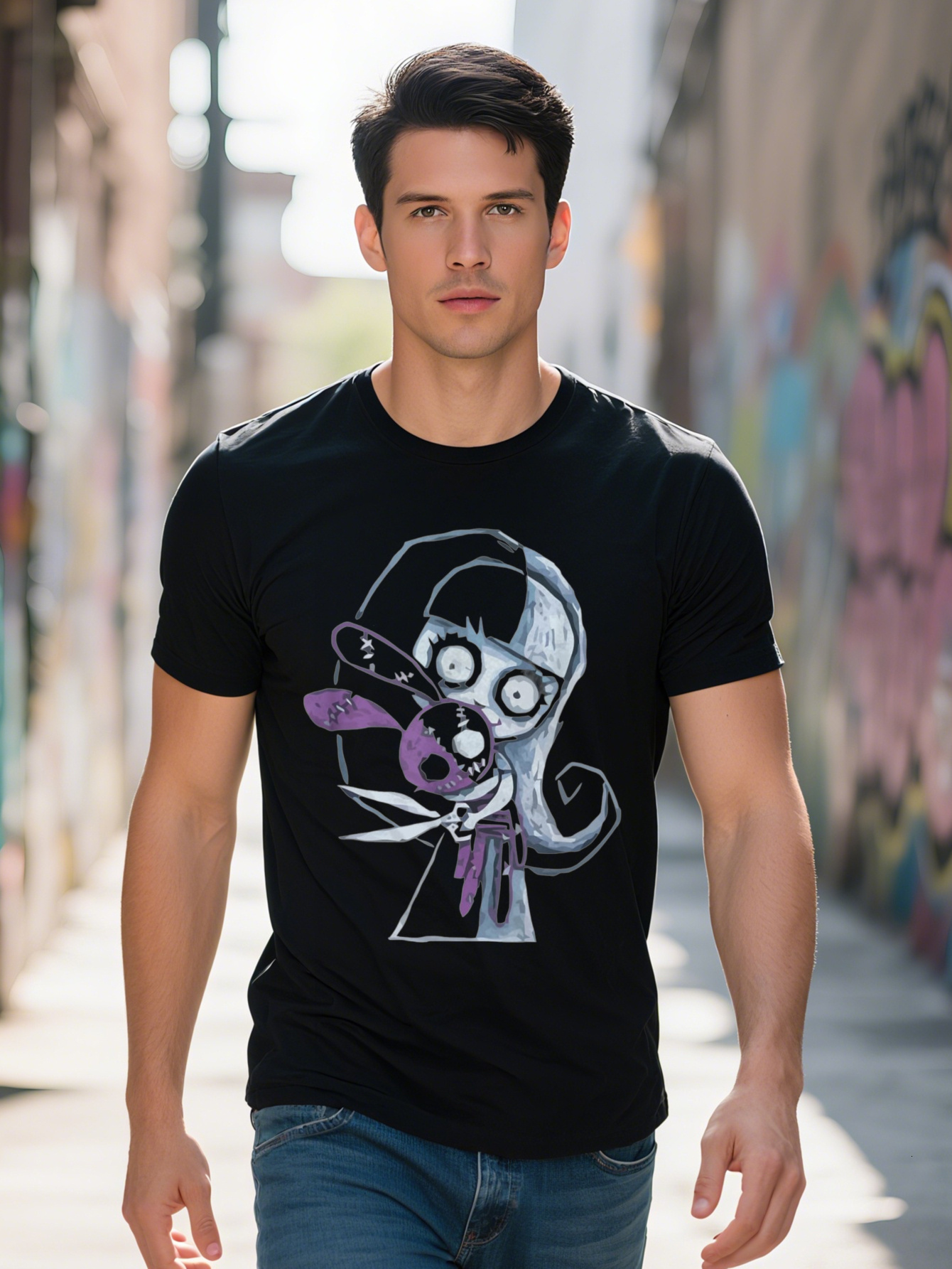 100% Men - Gothic Japanese Aesthetics Creepy Girl and Voodoo Doll Design, Soft 220g Knitted Fabric, Short Sleeve T-Shirt Suitable for Casual Wear, Dai