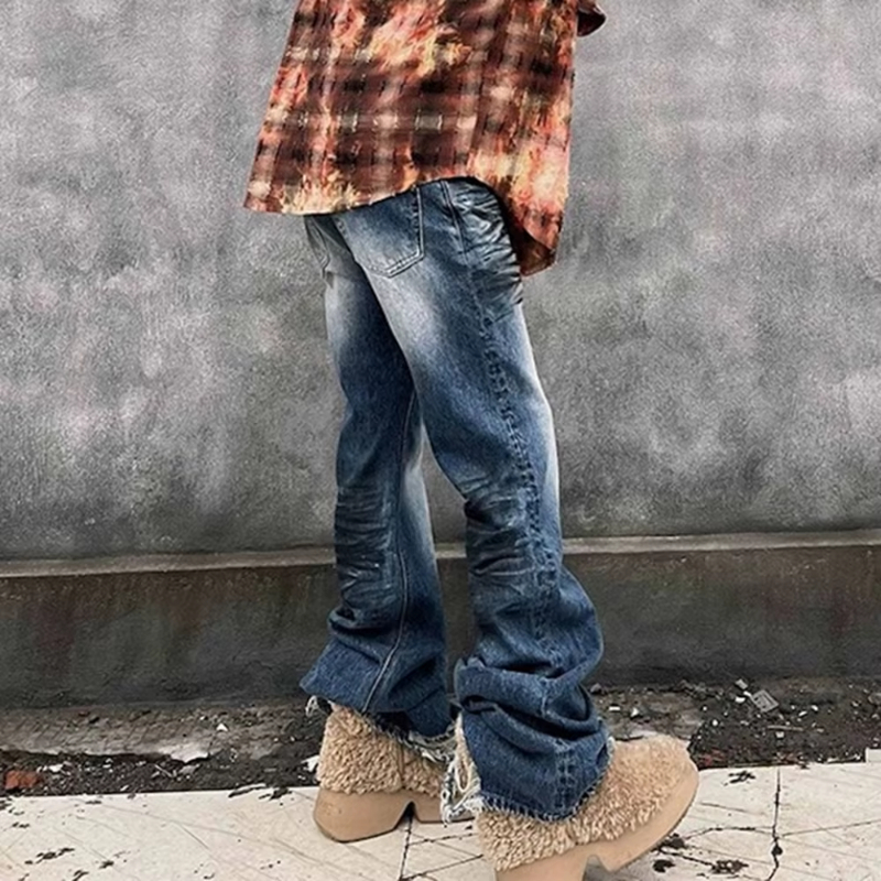 MIJKO High Street Frayed Washed Blue Dirty Flare Jeans Pants for Men and Women Ripped Damaged Casual Boot Cut Oversize Denim Trousers