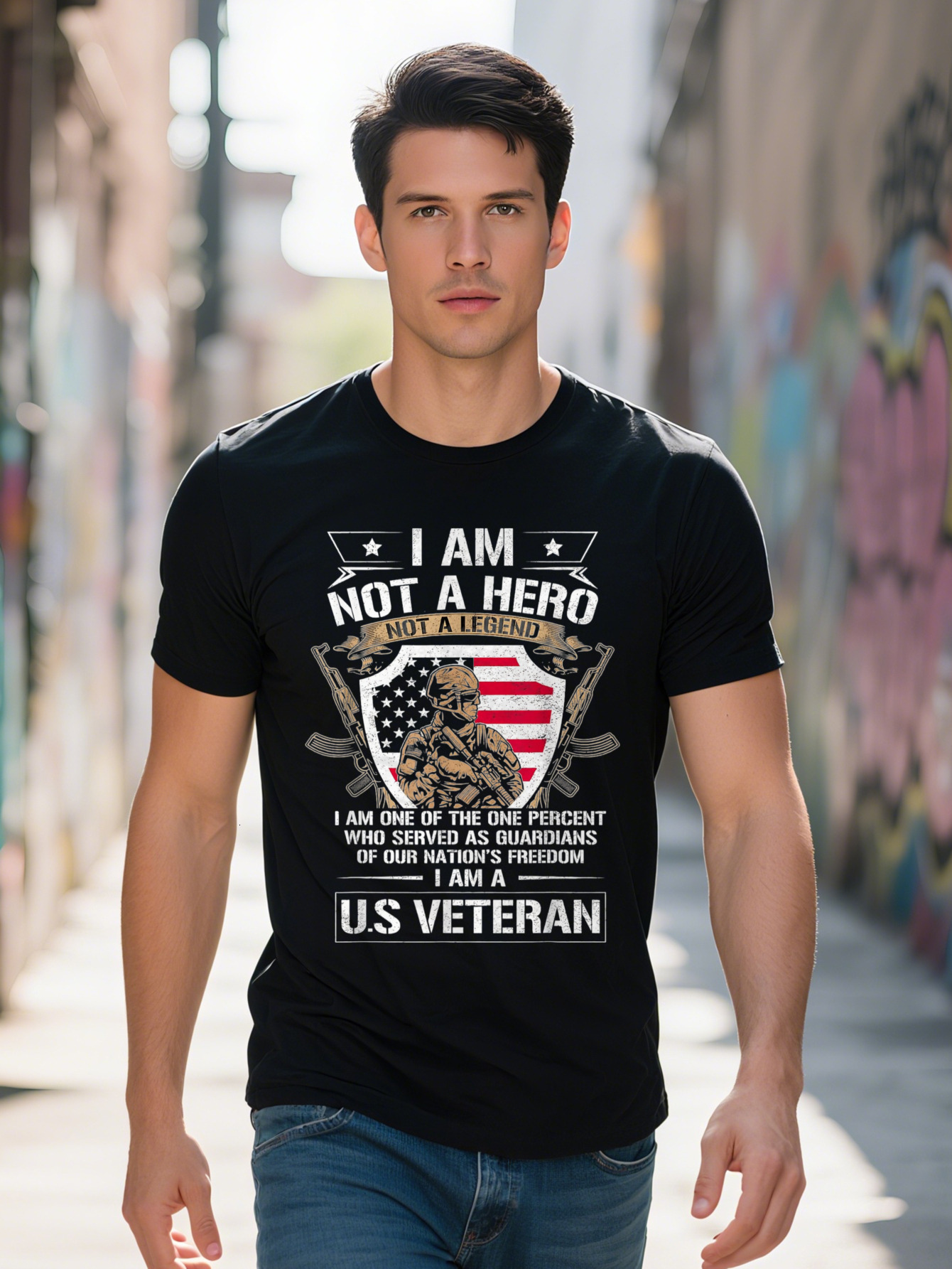 Men s g Cotton T Shirt Patriotic US Veteran Graphic Tee with I Am Hero Not a Legend Slogan American Flag