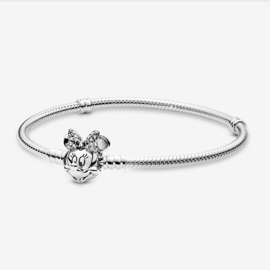 925 Sterling Silver Moments Pave Minnie Mouse Clasp Snake Chain Bracelet Clear CZ Charm Bracelet DIY Making Jewelry Gift For Women