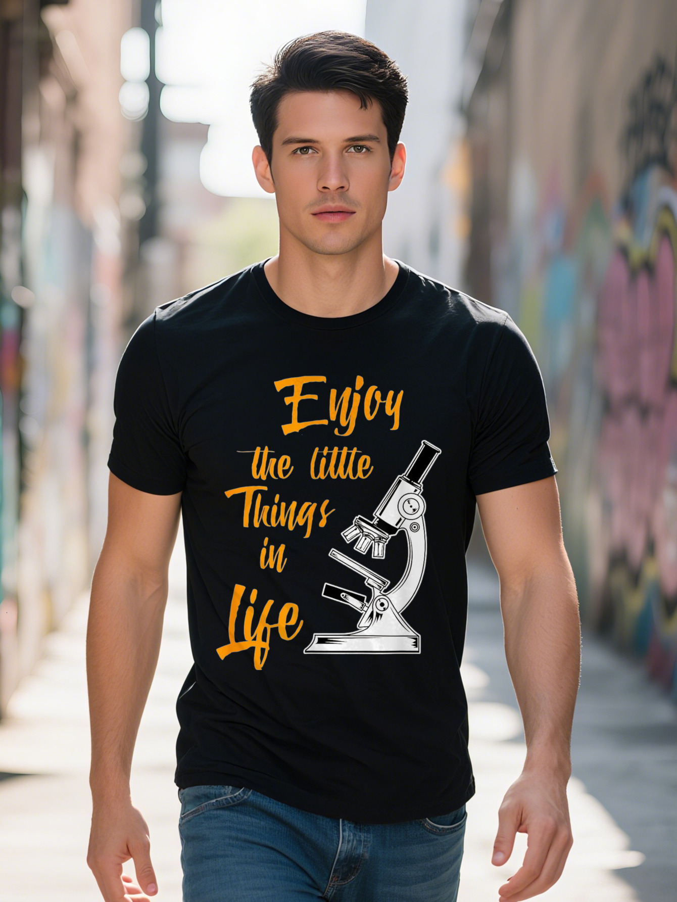 Men s Funny Biology Pun T Shirt Enjoy the Little Things in Life Microscope Graphic Cotton Short Sleeve