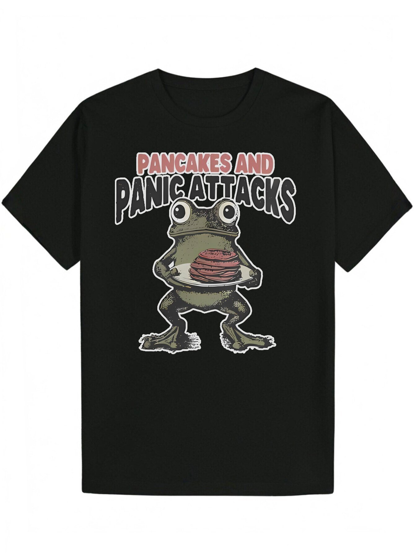 Casual Style Men s Summer Black T Shirt Polyester Crew Neck Pancakes and Panic Attacks Frog Pattern Machine Washable