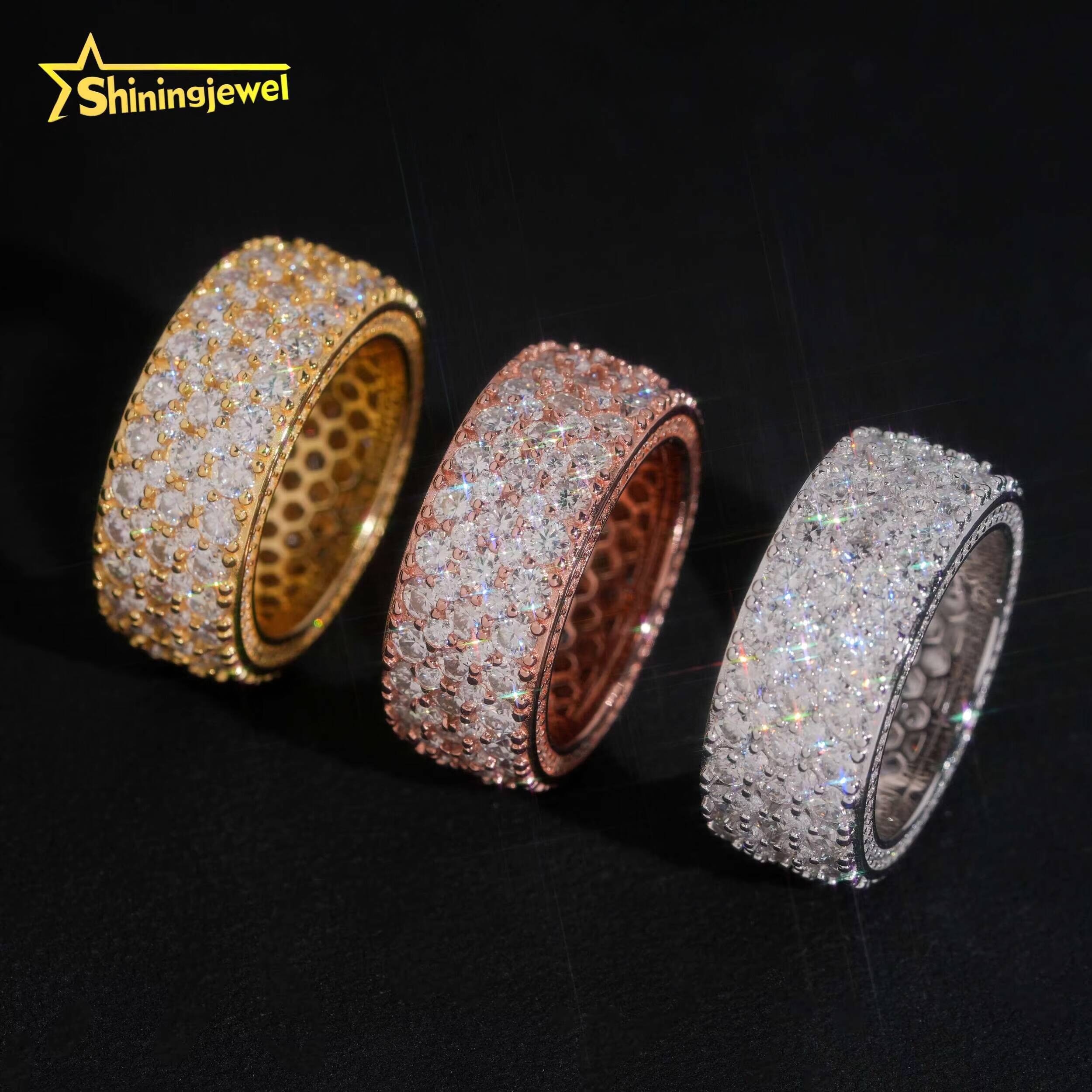 Luxury 3Rows Round Cut Diamond Fully Iced Out Band Ring VVS Moissanite Hop Jewelry 925 Sliver Gold Plated Mens Rings
