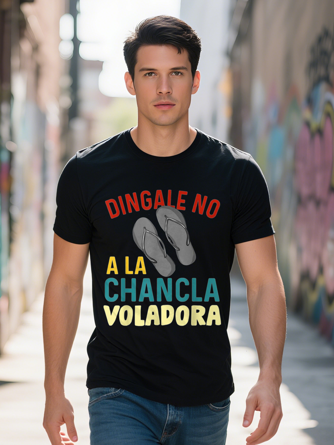 Men s Cotton T Shirt Funny Spanish Joke Dingile No A La Chancla Voladera with Colorful Flip Flop Design Crew