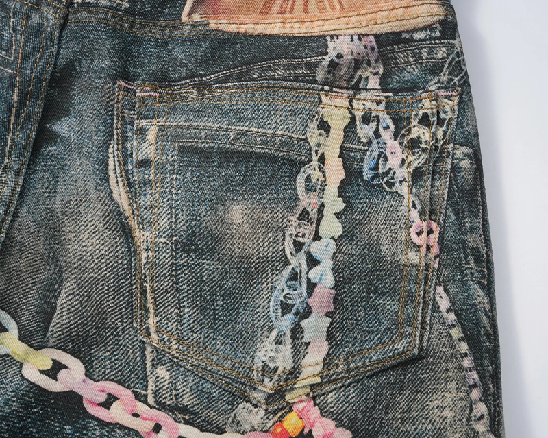 MIJKO Vintage 3D Print Color Chain Washed Baggy Jeans for Men and Women Straight Harajuku Loose Denim Trousers Oversized Cargo Pants