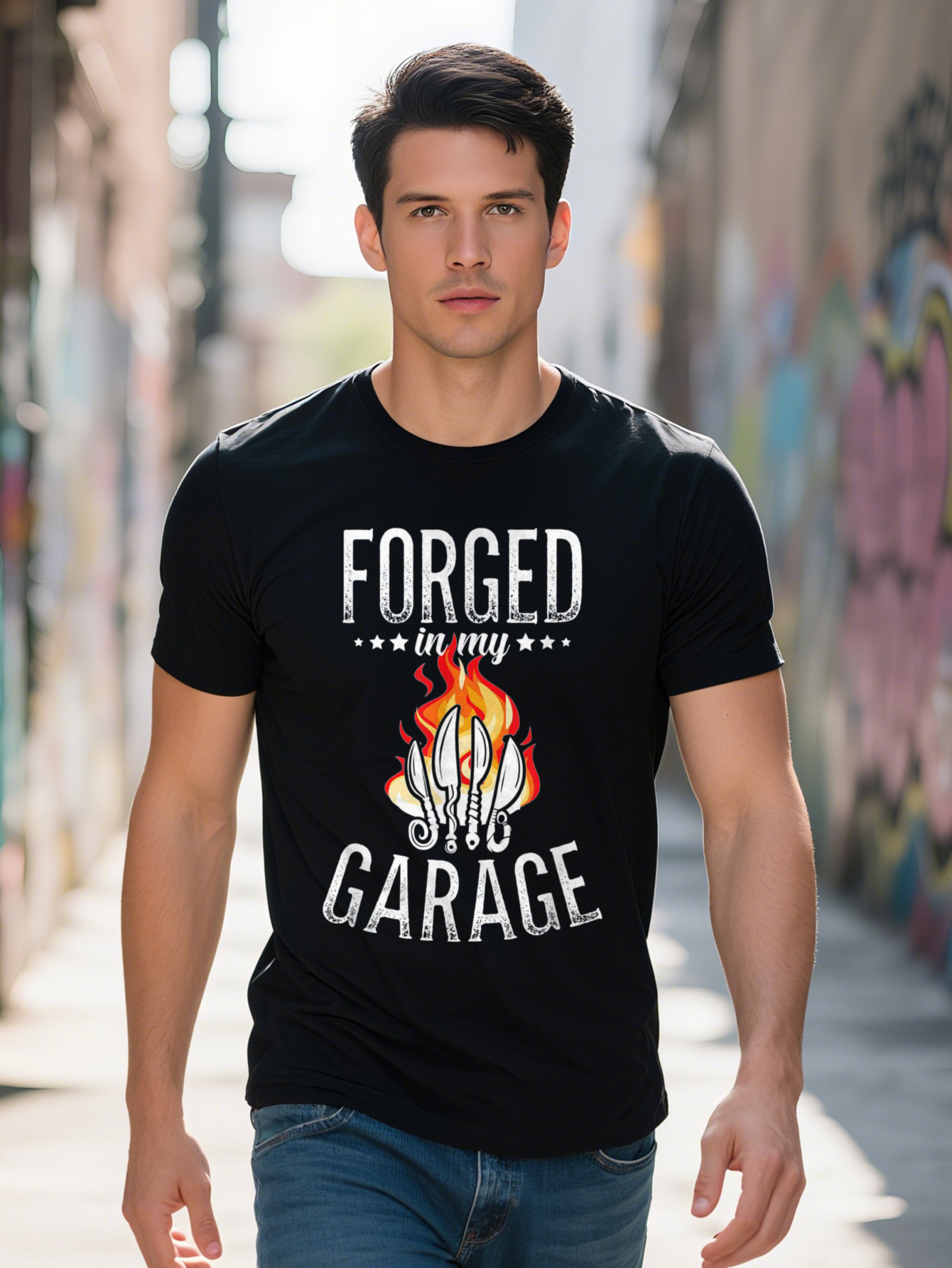 Men s Blacksmith Forged in My Garage Graphic T Shirt g Cotton Short Sleeve Tee with Flames Stars Design b07f9