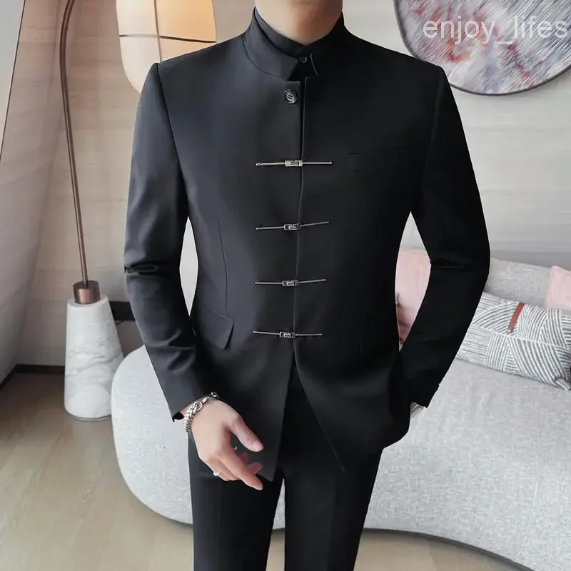 Chinese Style Stand Up Collar Suit Jacket for Men High Quality Mens Slim Fit Casual Social Wedding Dress Coat Mens Clothing