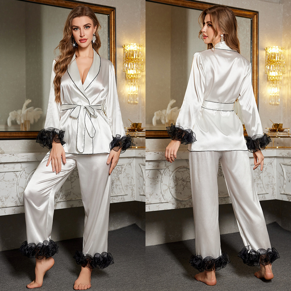 Outfits For Woman High - end New Luxury Night European and American Ice Silk Pajamas for Women Long - sleeve Top and Long - pants Homewear Set