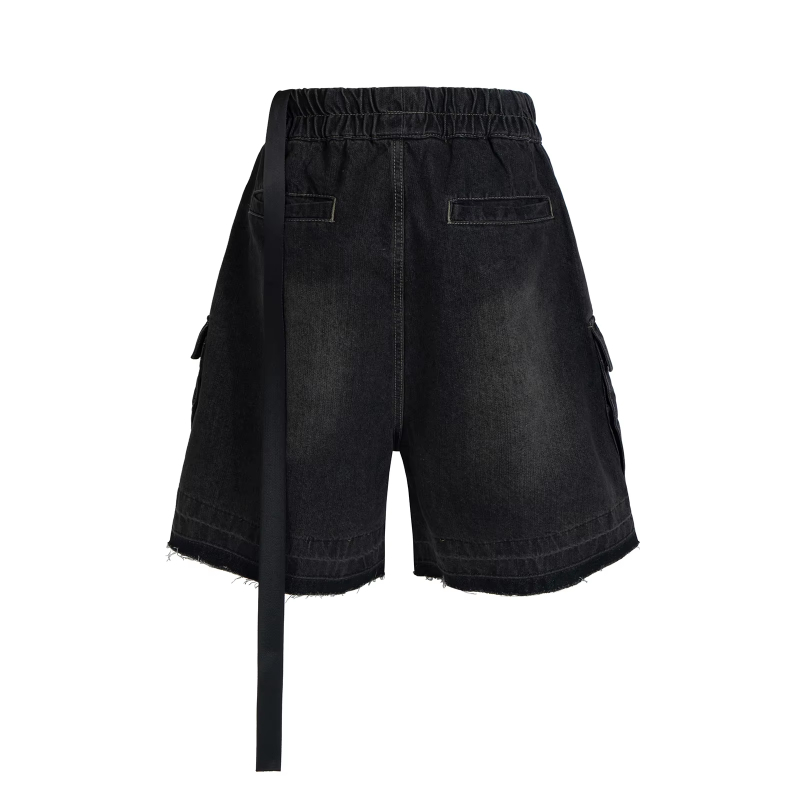 MIJKO Ro Style Ribbons Streetwear Multi-pockets Cargo Short for Men Elastic Waist Wide Leg Baggy Jeans Knee Length Pants Loose Overall