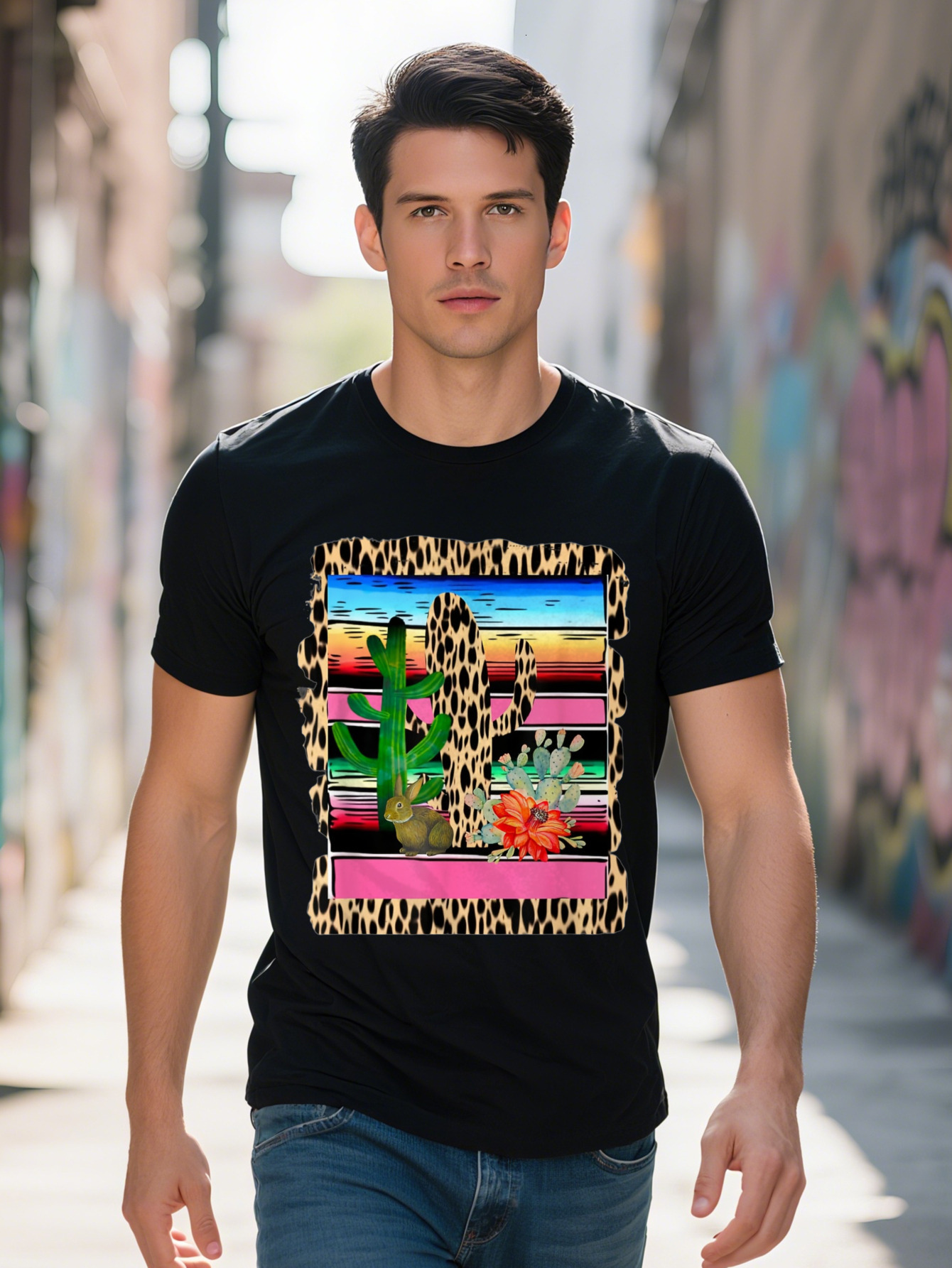 Men s Cotton T Shirt Fiesta Colorful Cheetah Cactus Flower Rabbit Print Short Sleeve Round Neck