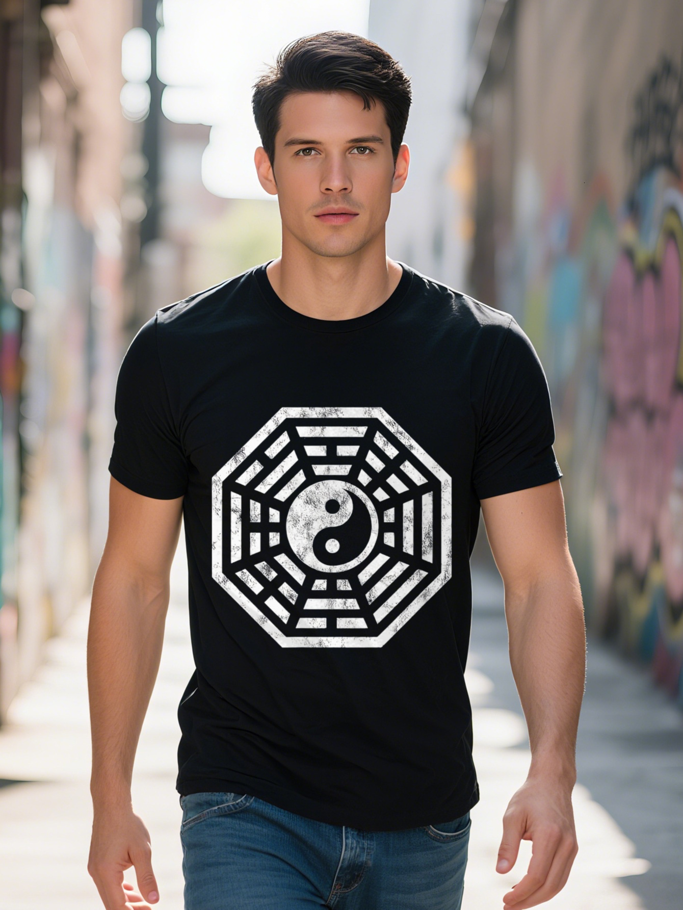 Men s g Cotton T Shirt with Yin Yang Bagua Trigrams Taoist Symbol Black Casual Short Sleeve Tee Regular Fit