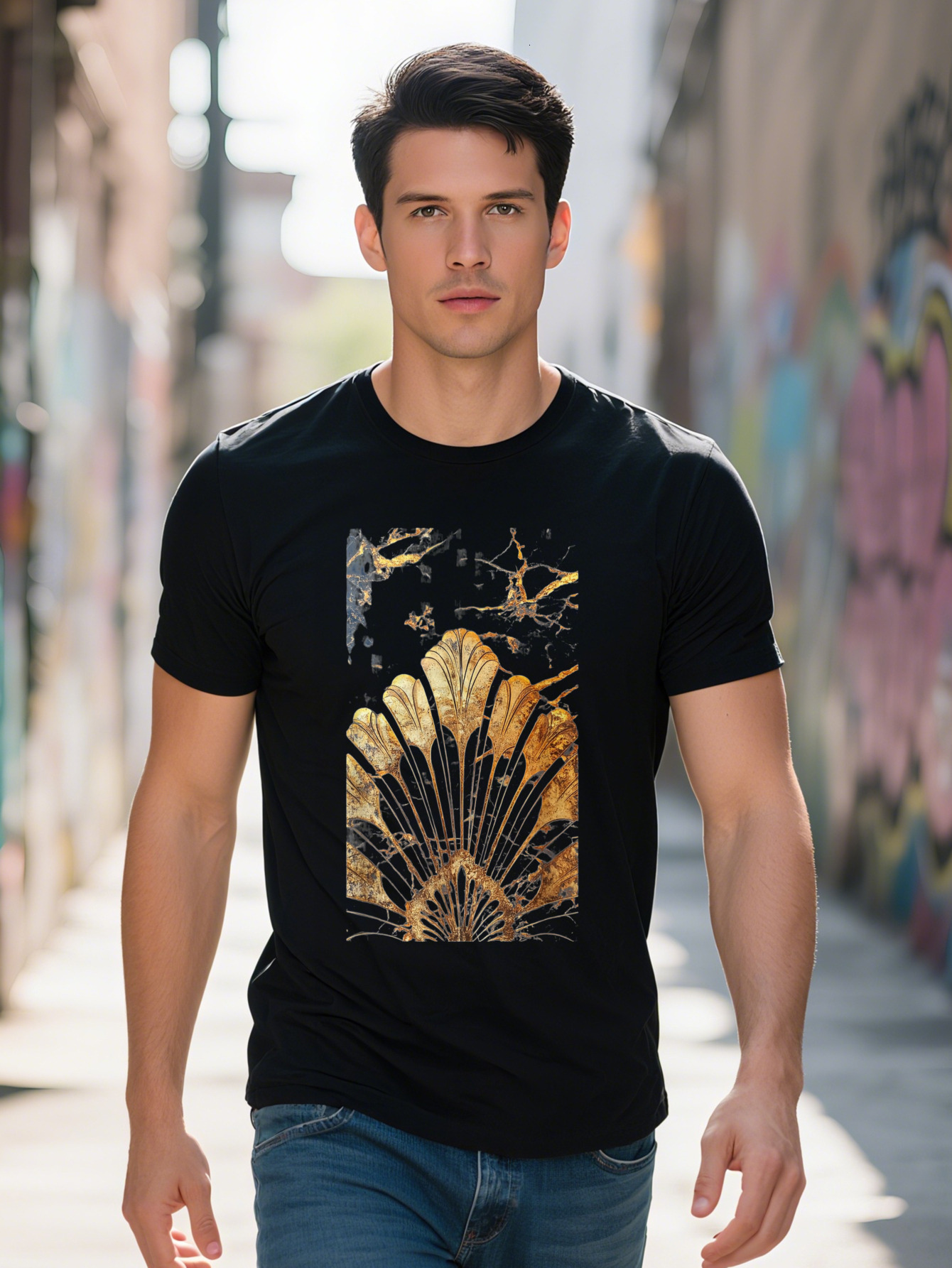 Men's Tortoise Shell Golden Leaf Print T-Shirt Cotton Short Sleeve Crew Neck Casual Tee Regular Fit