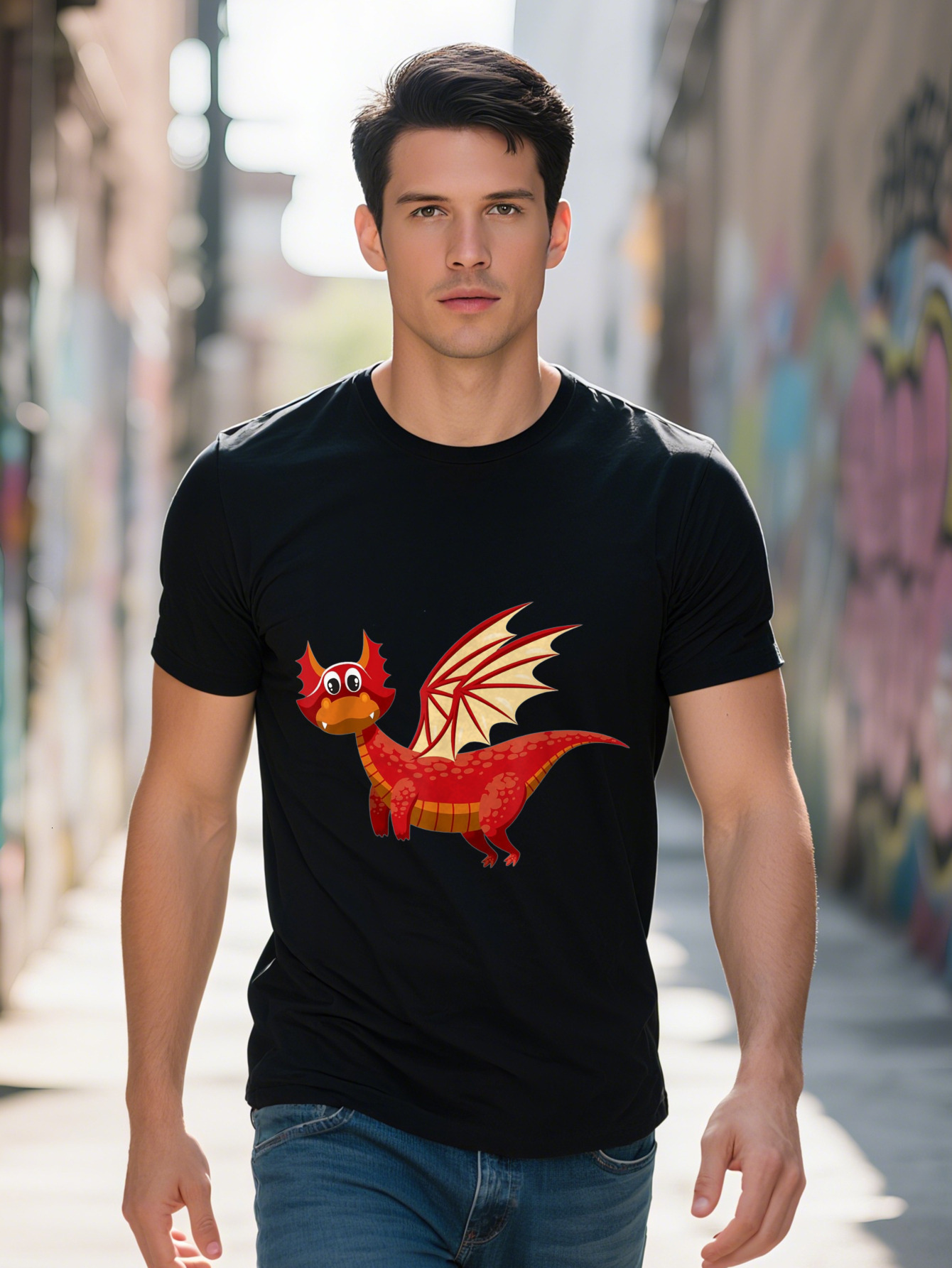 Men s Cotton T Shirt Fun Red Flying Design Cute Cartoon Youngsters with Expressive Eyes Lightweight