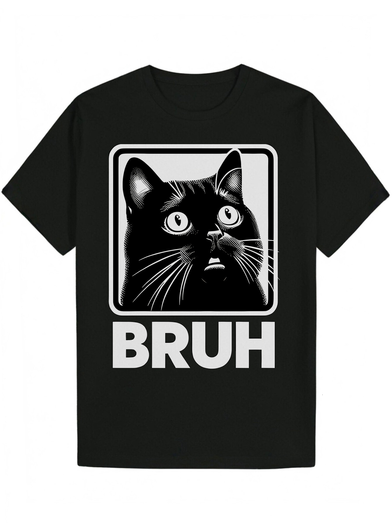 Black Casual Crew Neck Polyester with Cartoon Cat Pattern, 'BRUH' Text, and White Border - Summer Animal Theme Men's T-Shirt