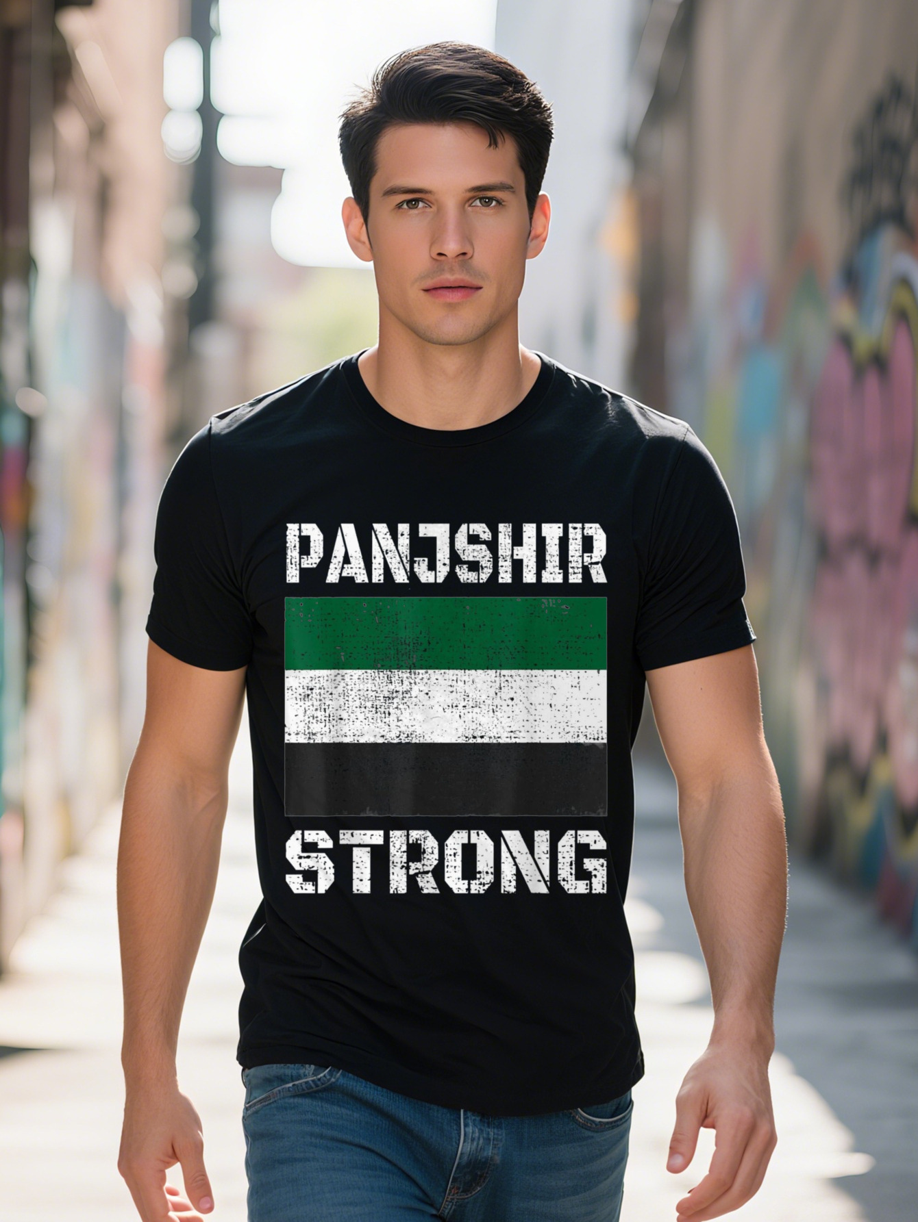Men s Panjshir Strong Flag Graphic T Shirt Cotton Black with Green White Stripes Casual Crew Neck Short