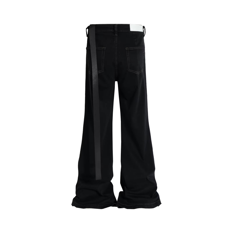 MIJKO RO Style Ribbons slightly Stretch Baggy Flared Jeans for Men High Street Black Color Boom Cut Oversized Casual Denim Trousers
