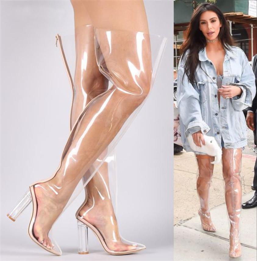 Kim Kardashian Clear PVC Pointed Toe Transparent Thigh High Boots Runway Summer Shoes Woman Plus Size Crystal Perspex Block Heels 5602045