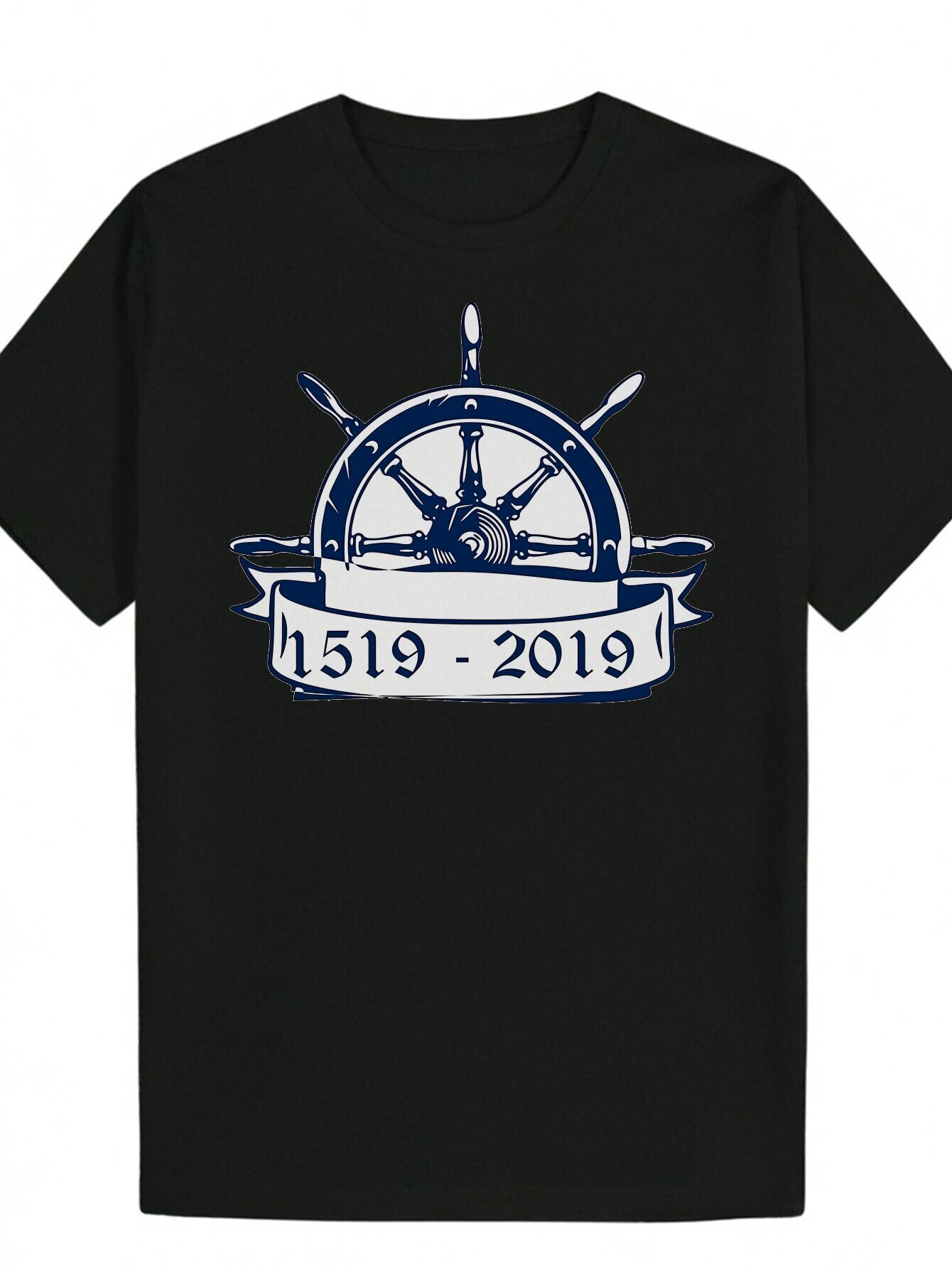 Men's Graphic T-Shirt Nautical Anchor and Helmet Design, Casual Polyester Short Sleeve T-Shirt, Machine Washable - Black with Blue Trim, Perfect 