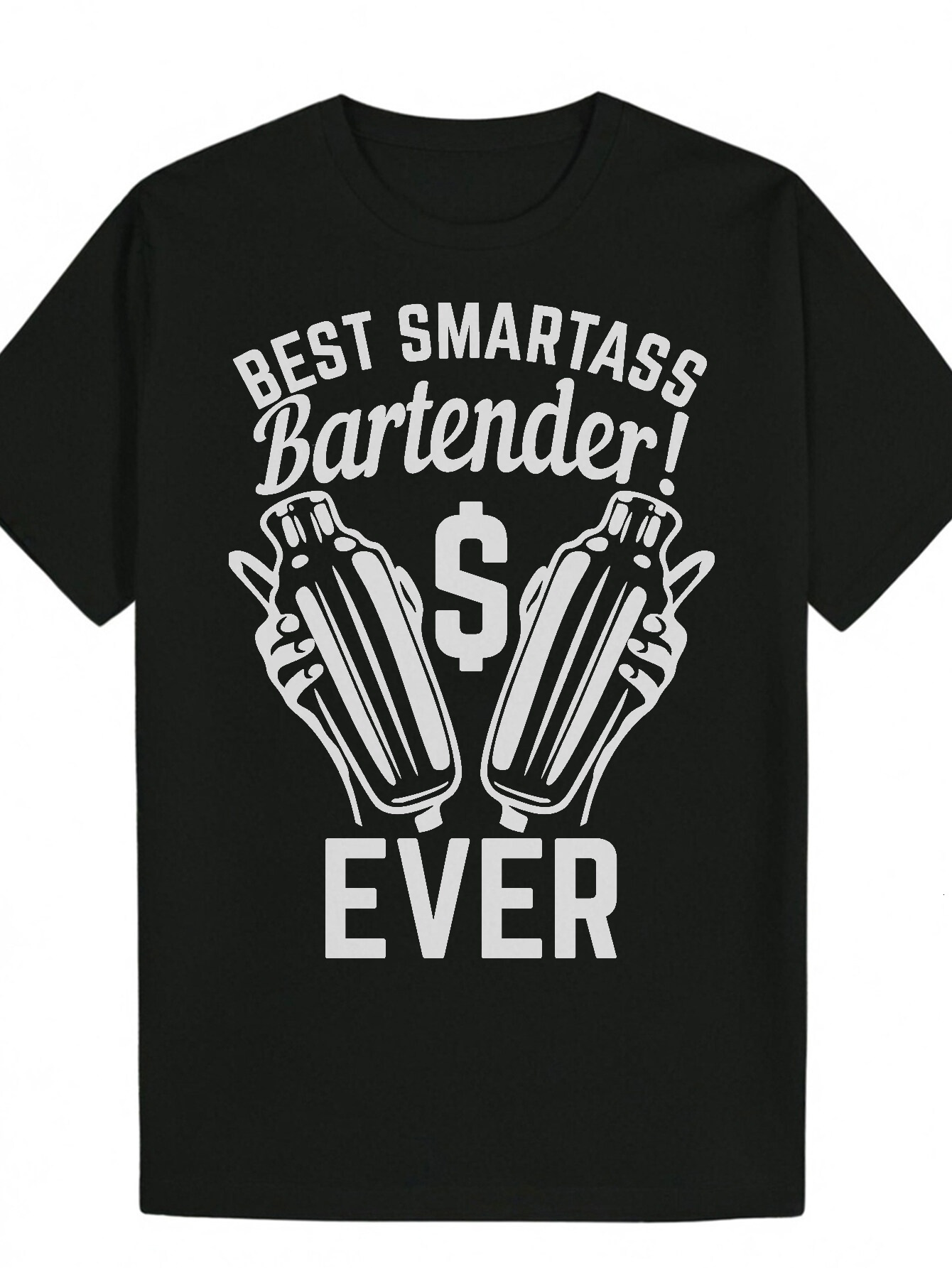 Men's Summer Pattern T-Shirt - "The Smartest Bartender Ever" Design, White Print Black Polyester T-Shirt, Crew Neck, Machine Washable, 