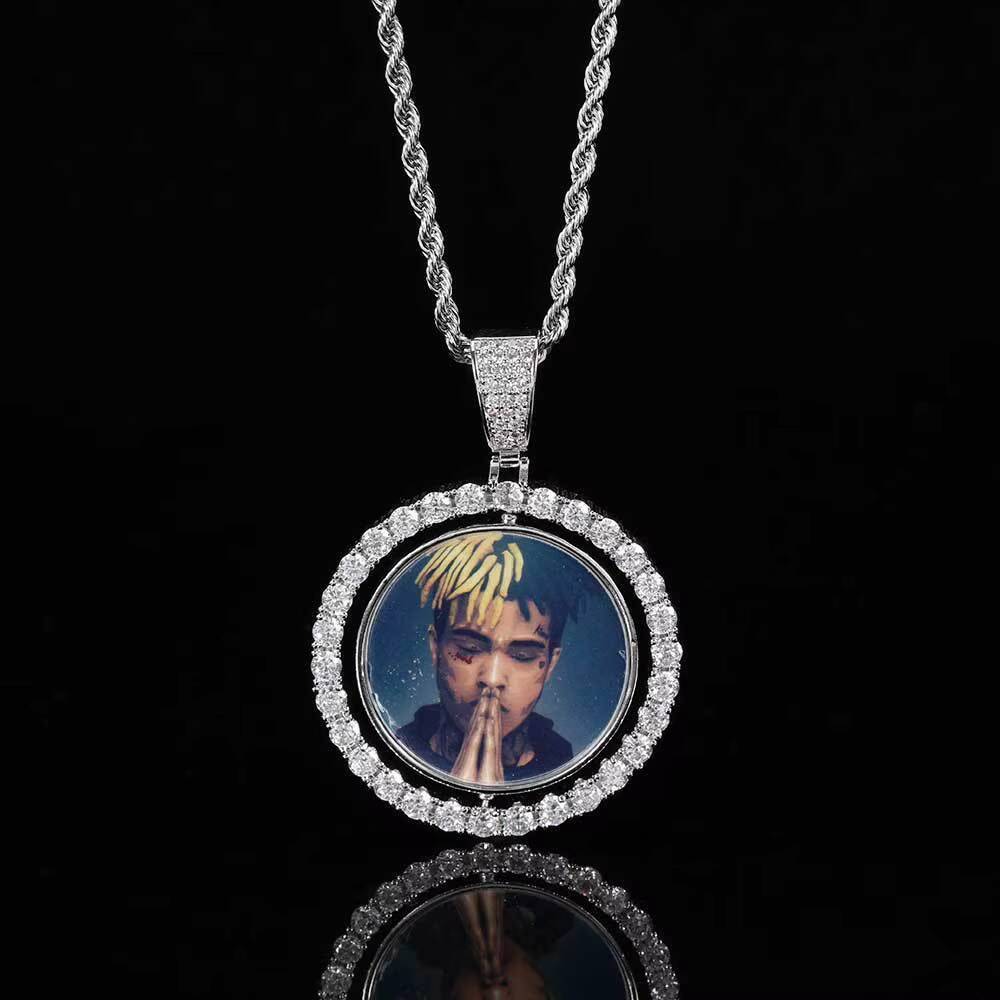 Fashion Hip Hop Memory Brass Zircon Rotatable Double Sided Circular Photo Pendant