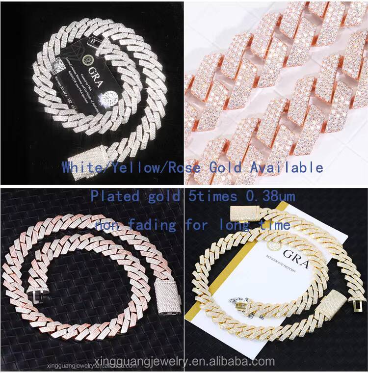 Ready to Ship 20mm 4rows Gold Plated 925 Sterling Silver Iced Out Moissanite Diamond Cuban Chain Link for Hip Hop Jewelry