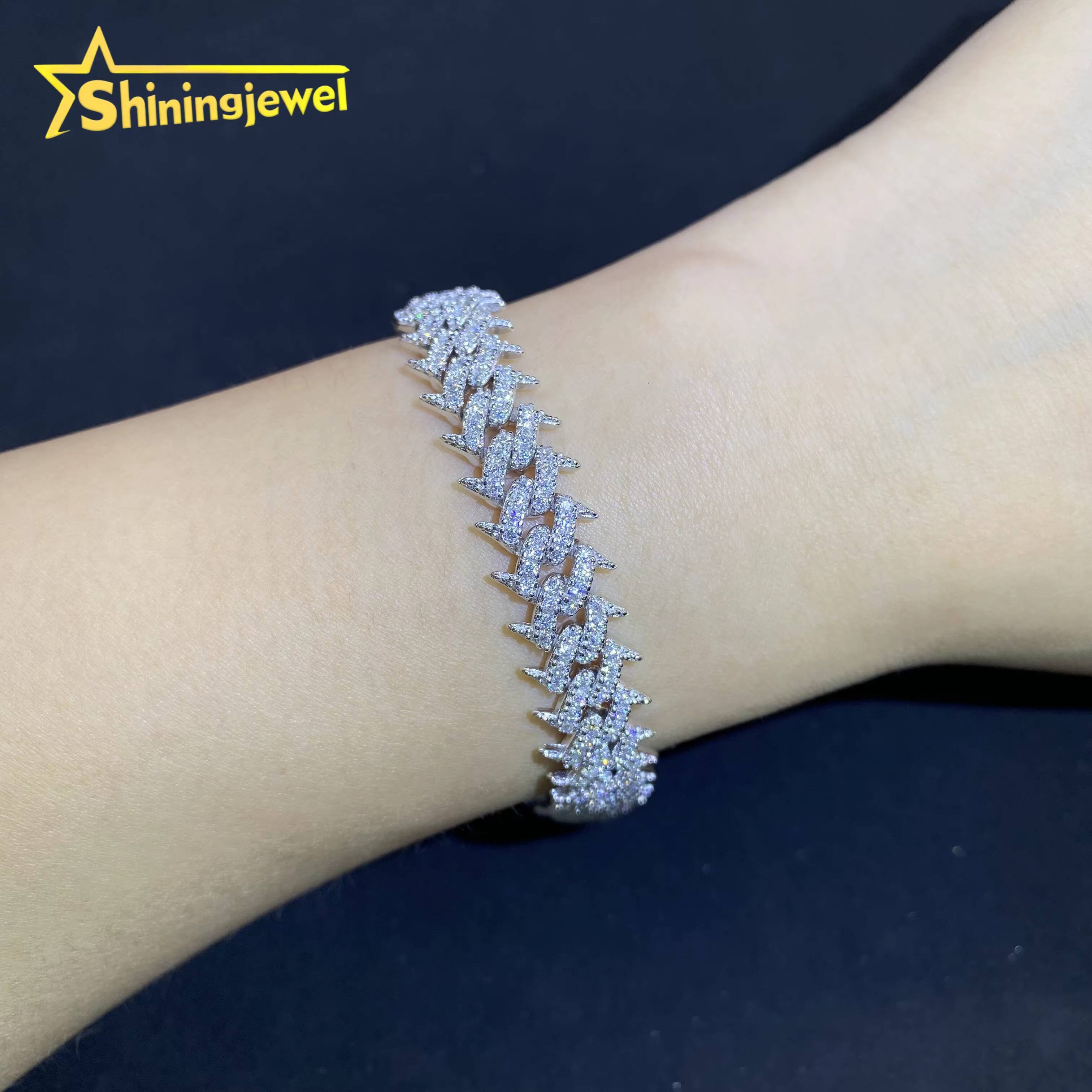 Hot Sale 10mm 925 Silver Cuban Link Chain VVS D Moissanite Iced Out Diamond Jewelry Thorn Design Miami Cuban Bracelet
