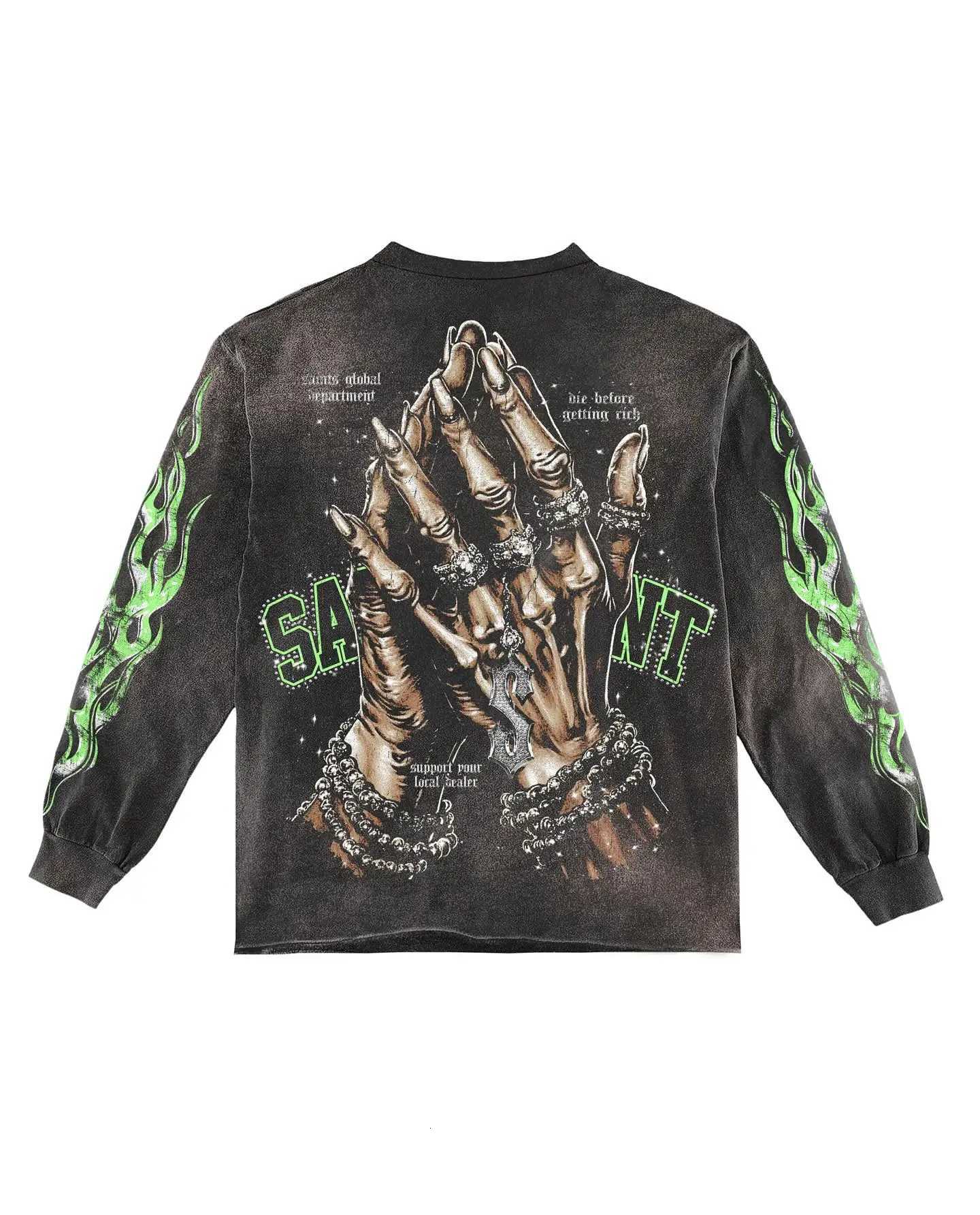 Skull Grn Flame Graphic T Shirts Y2K Streetwear Men Oversized T Shirt Vintage Harajuku Crew Neck Black Cotton Long Sleeve Tops X250802 - view 4