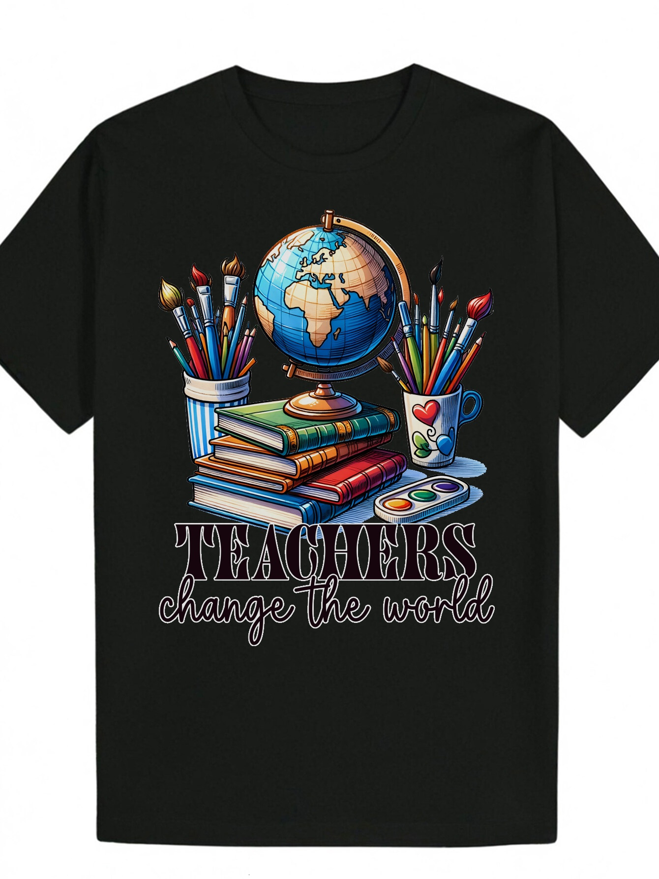Men's Summer Casual Pattern T-Shirt Teacher Theme "Teachers Change the World" Design with Globe, Books, Pencils - 100% Polyester, Machi