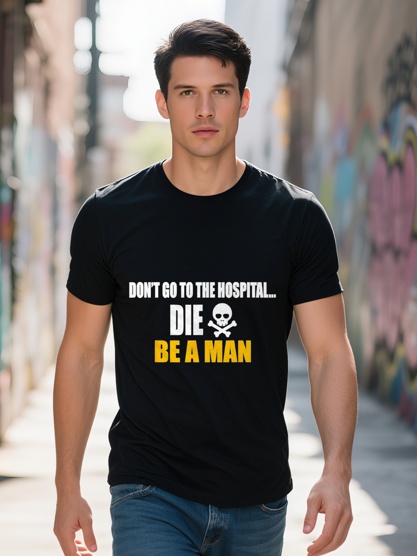 Men's T-Shirt Don't Go to the Hospital Die Be a Man Design Cotton Short Sleeve Round Neck Black with