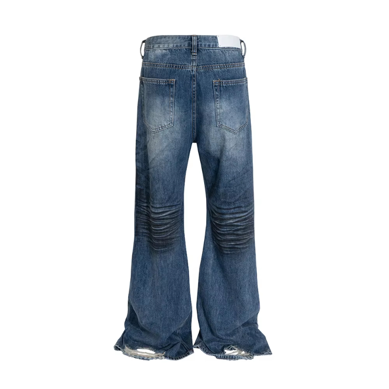 MIJKO High Street Frayed Washed Blue Dirty Flare Jeans Pants for Men and Women Ripped Damaged Casual Boot Cut Oversize Denim Trousers