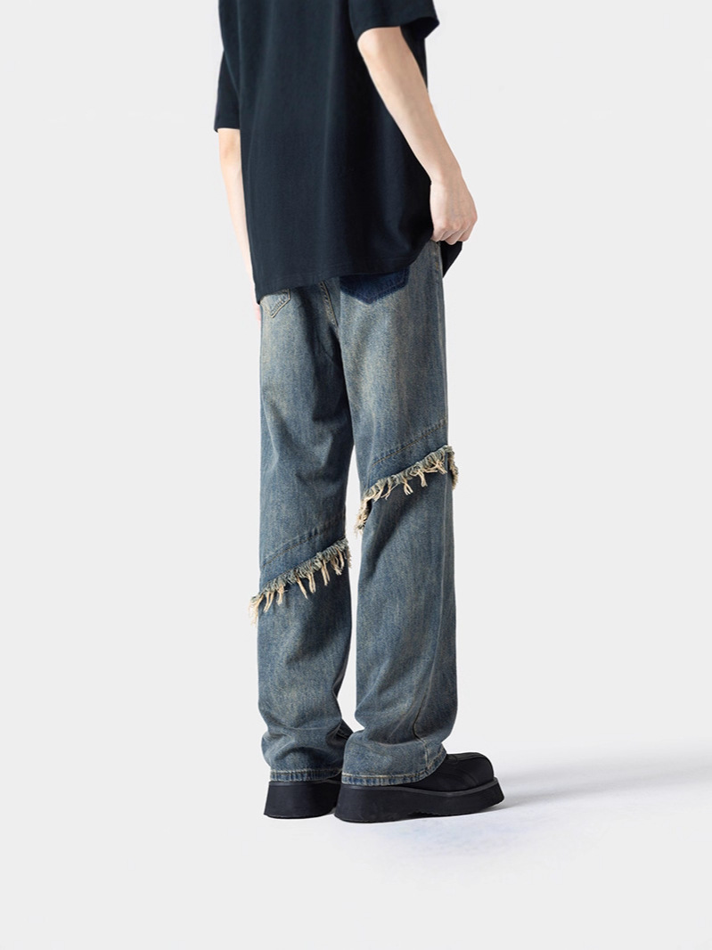 Relaxed-Fit Distressed Design Boyfriend Style Blue Jean Pants