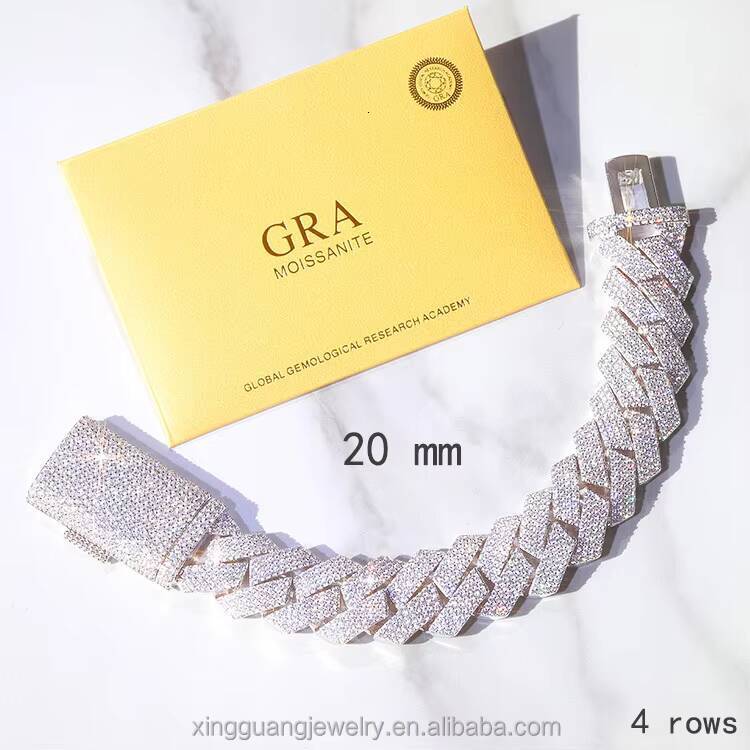 Ready to Ship 20mm 4rows Gold Plated 925 Sterling Silver Iced Out Moissanite Diamond Cuban Chain Link for Hip Hop Jewelry