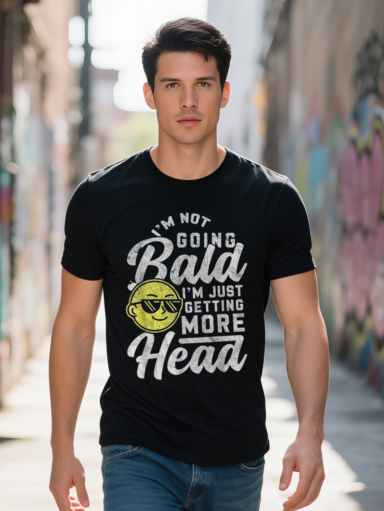 Men's 220g 100% Cotton T-Shirt - Funny Not I'm Just Getting Balder Cartoon Bald Head Pattern T-Shirt, Black Short Sleeve Round Neck Casual H