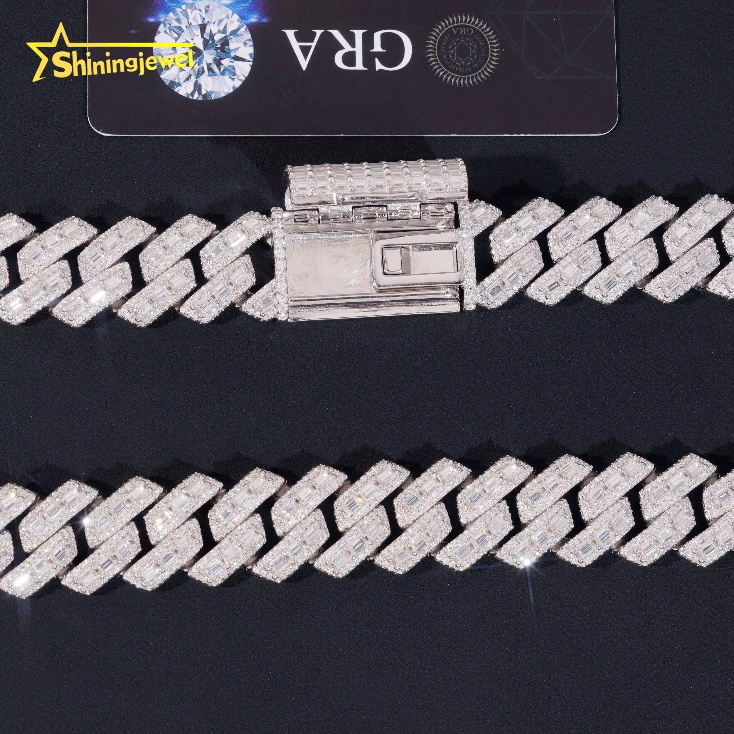 Luxury Hip Hop Fine Jewelry Heavy 18mm 925 Sterling Silver Moissanite Baguette Iced Out Cuban Link Chain Necklaces