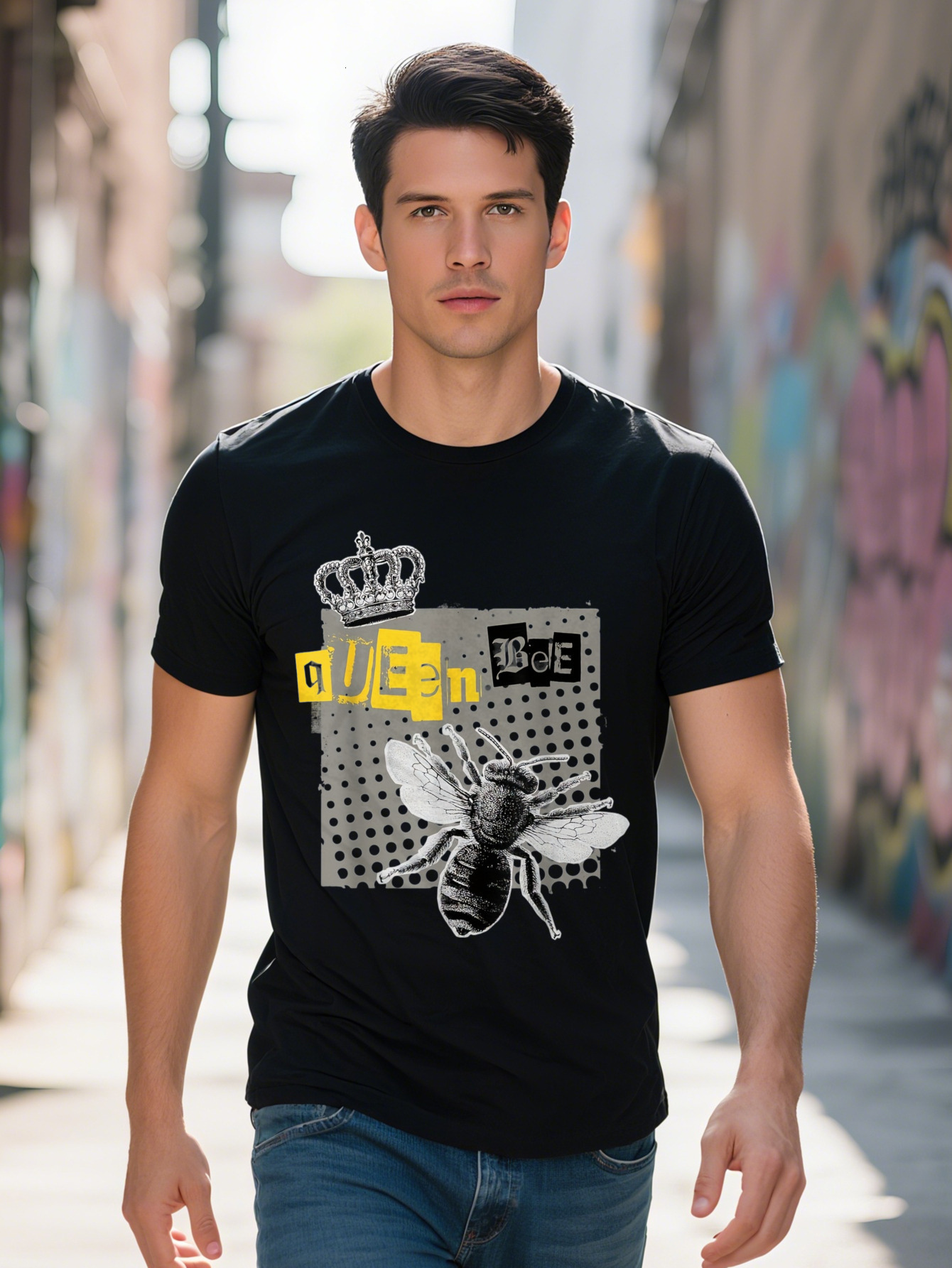 Men s Queen Graphic T Shirt Cotton Funny Beehive Design with Crowned Bee Honeycomb Pattern Casual Short