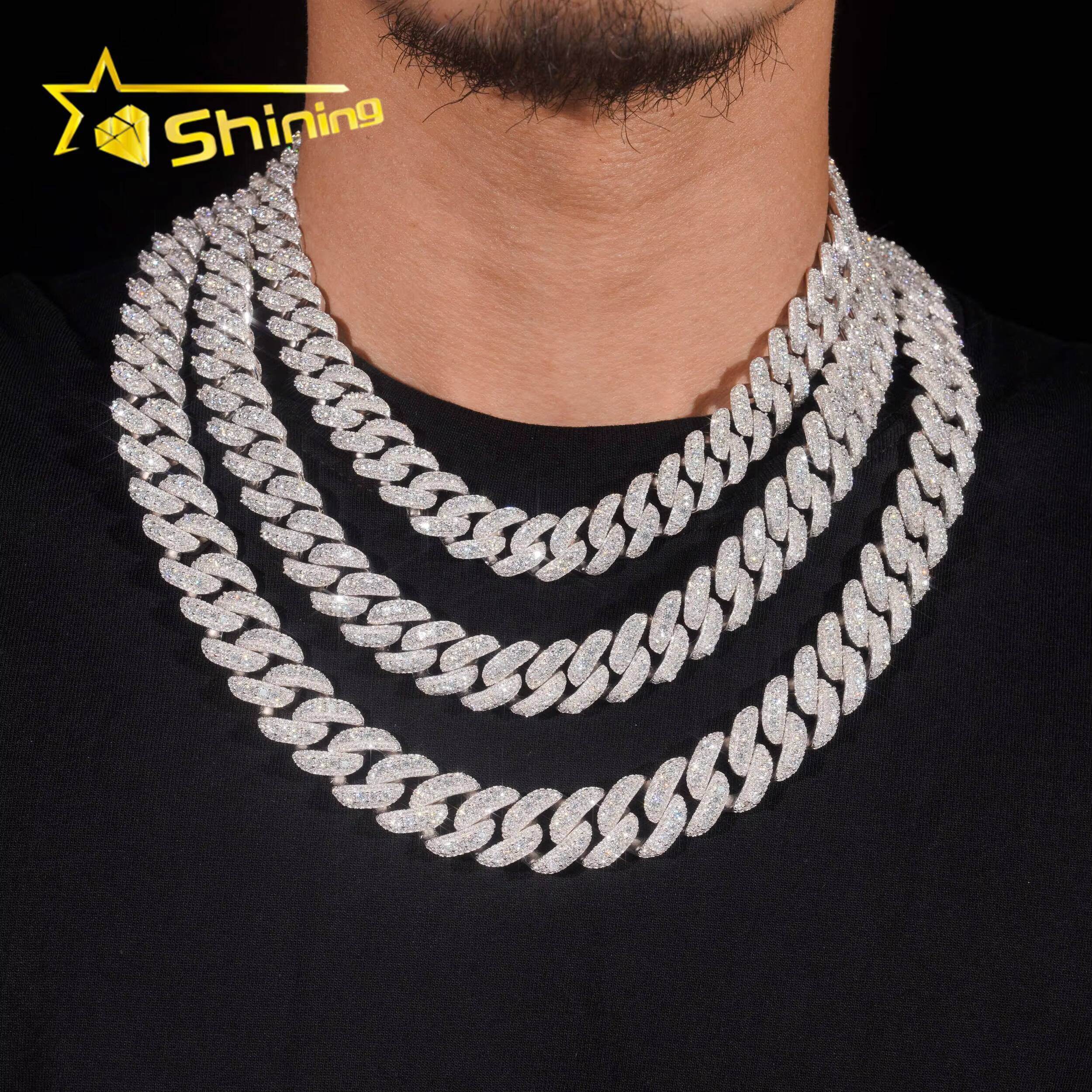 Promotion Price Pass Diamond Tester Hip Hop Necklace 13mm 15mm 16mm 18mm Three Rows 925 Silver VVS Moissanite Cuban Link Chain