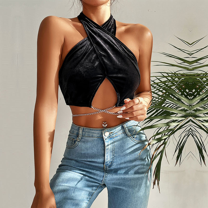 DW50010 Women's Tanks Camis Summer European and American Neck Hanging Vest Solid Color Sexy Women's Clothing Polyester Velvet Chain