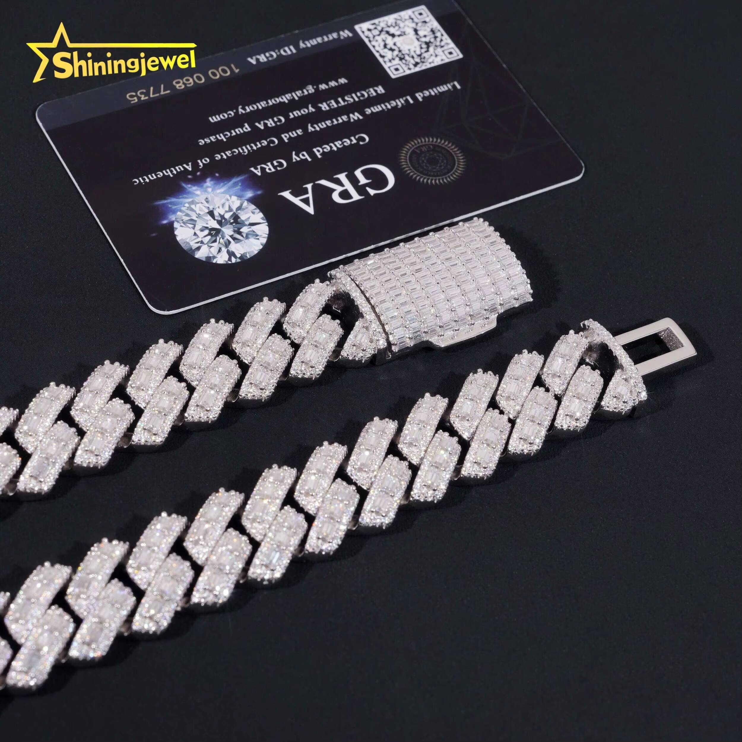 Luxury Hip Hop Fine Jewelry Heavy 18mm 925 Sterling Silver Moissanite Baguette Iced Out Cuban Link Chain Necklaces