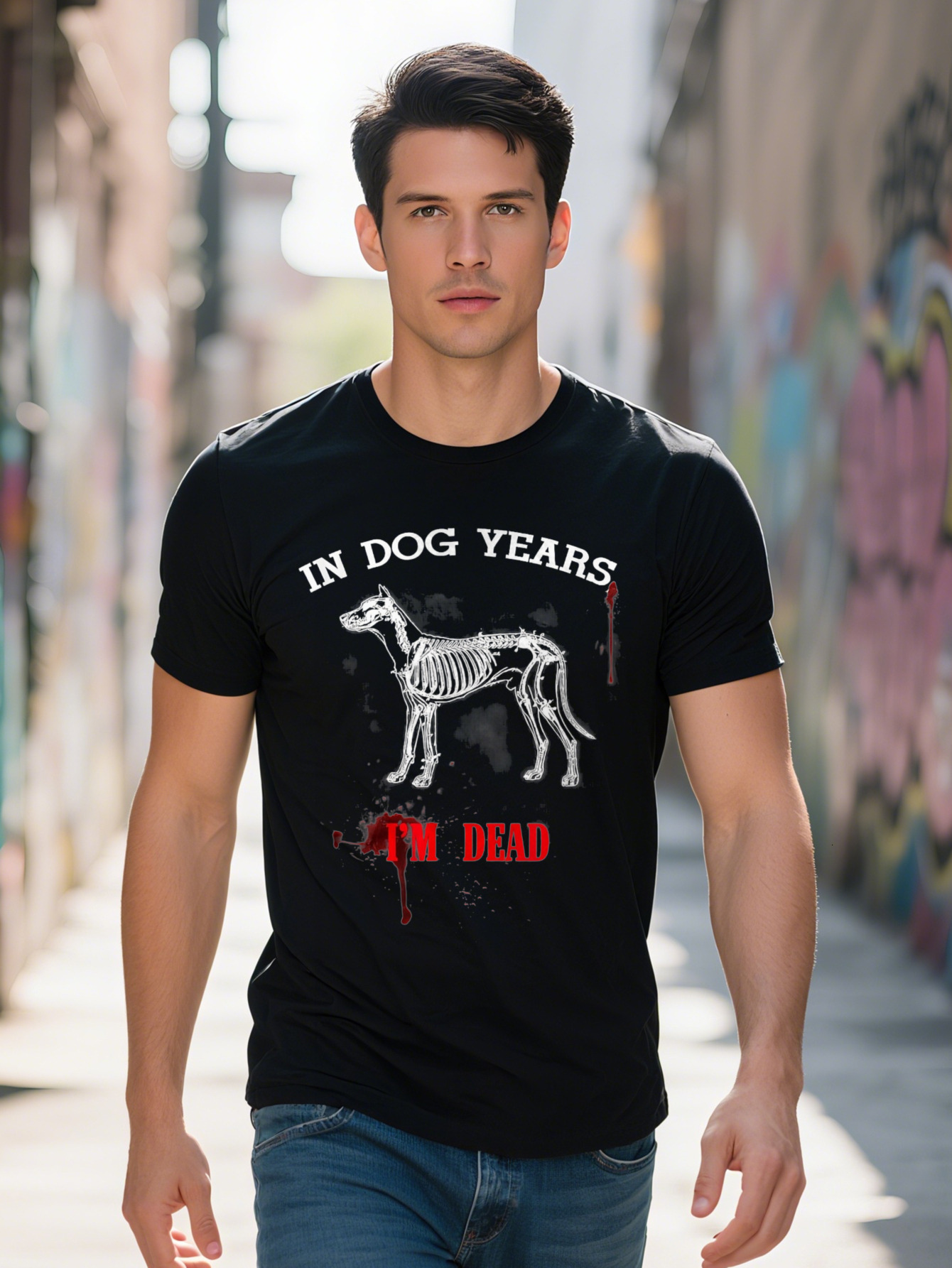 Men s Funny Pet Owner T Shirt In Years I m Dead Cotton Graphic Tee Black with White Skeleton Design Short