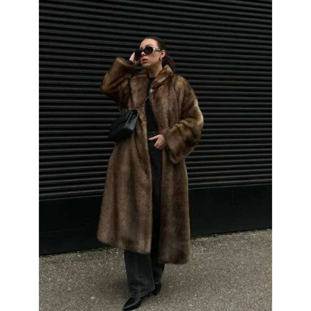 Plush Lapel Collar Trend Oversized Faux Fur Coat Full Sleeves Warm Loose Jacket New Winter Elegant Long Overcoats 2025