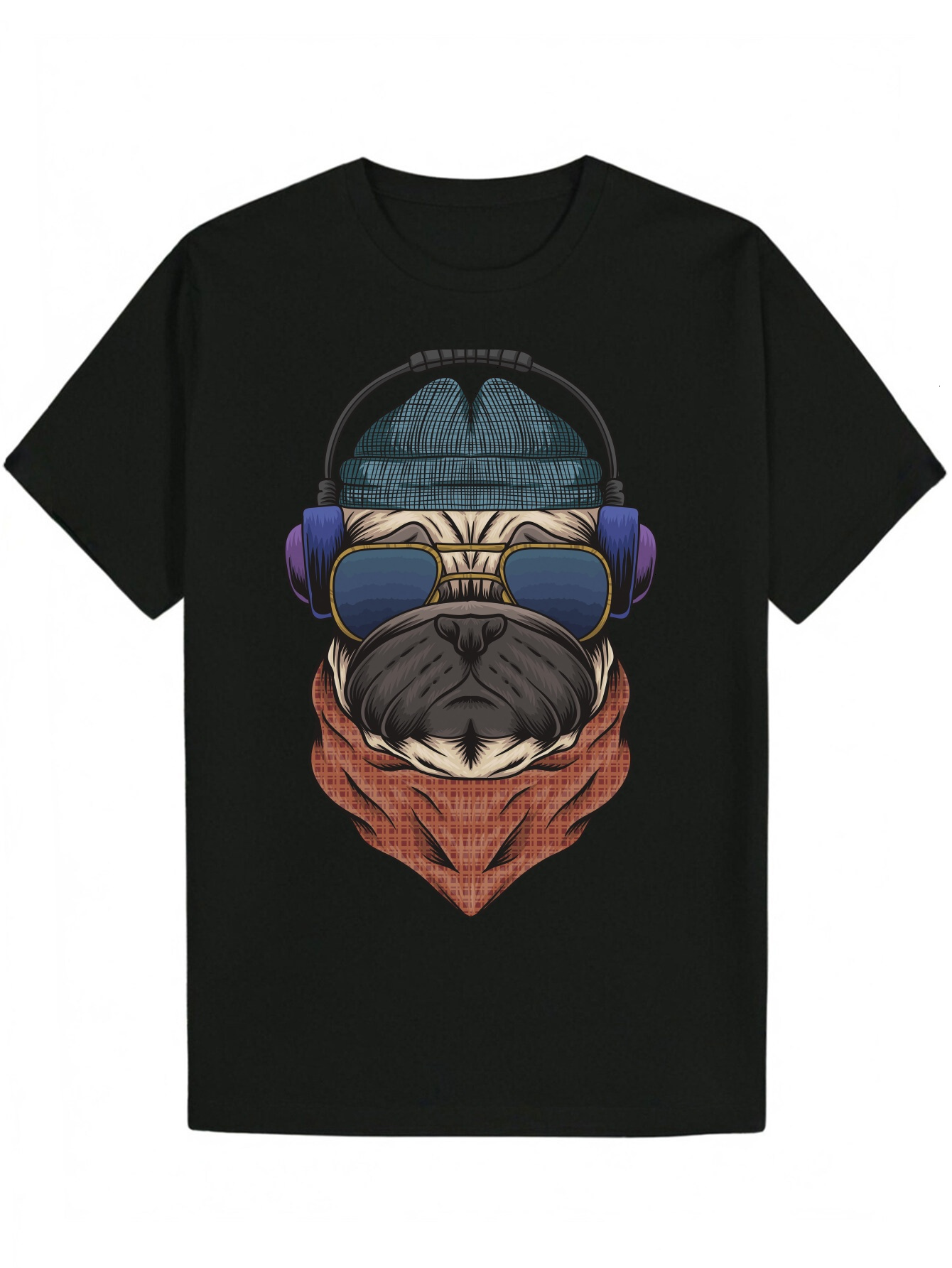 Men's Summer Pattern - Fashionable Pug Dog with Stylish Glasses and Headphones Design, Lightweight Polyester Fiber, Crew Neck, Machine Washable, 