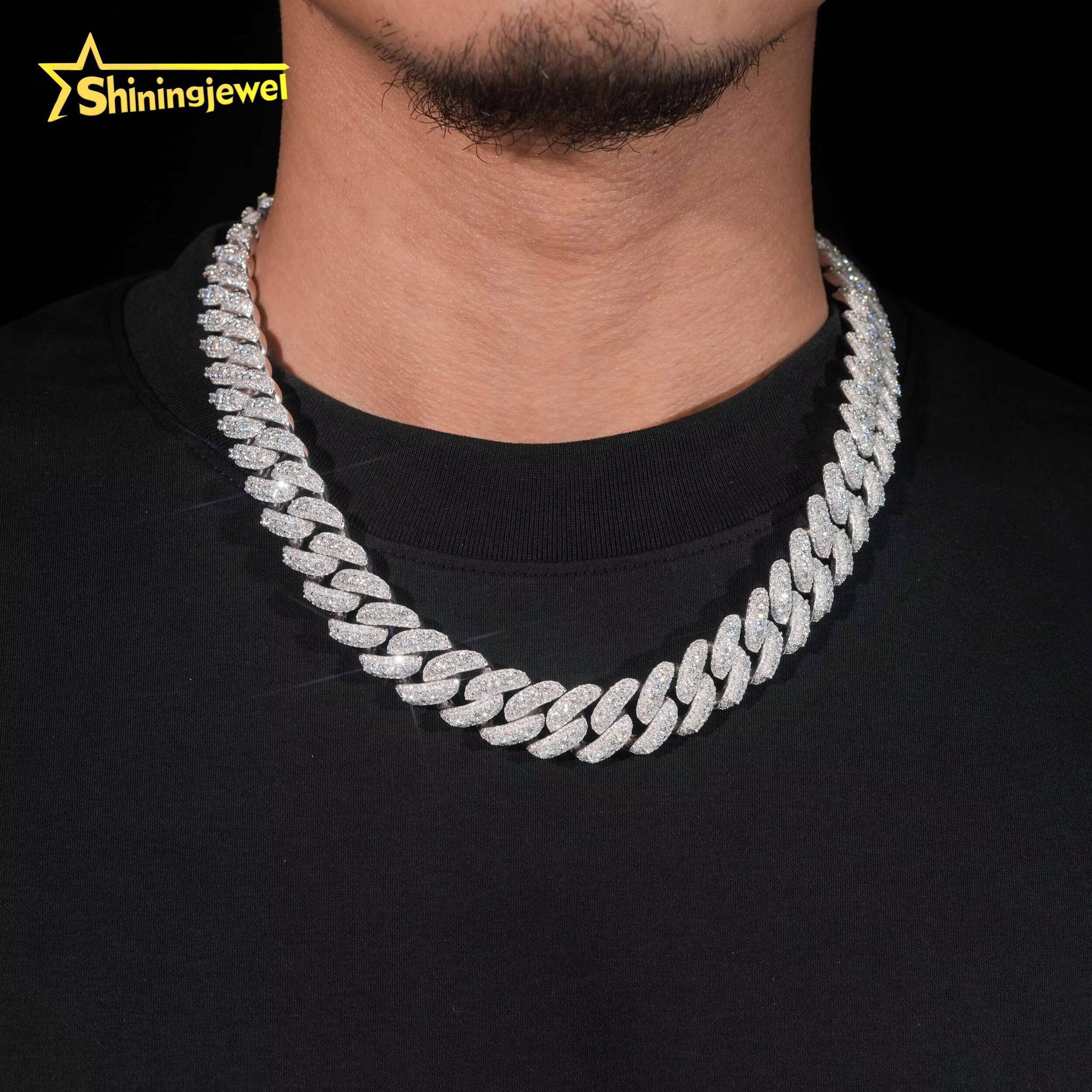 Rise Iced Out Moissanite 16mm Cuban Link Chain S925 Gold Plated Pass Diamond Test VVS Moissanite Diamond Hip Hop Chain