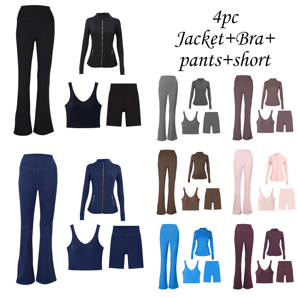 4 Piece Jacket Set Shorts Bra and Flared Pants Slim Fit Leggings Designer Yoga Pilates Running Gym Workout Casual Wear Activewear